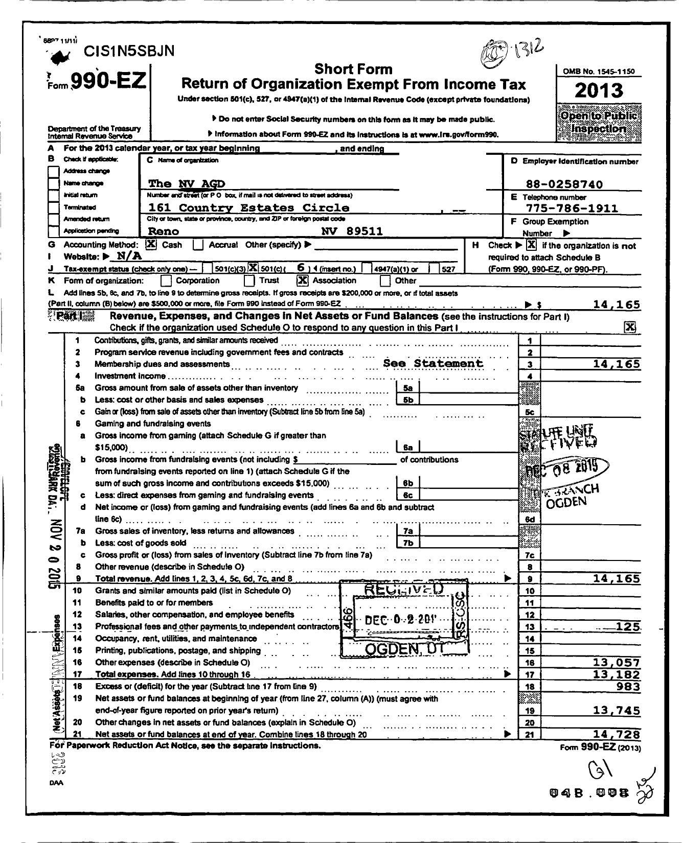 Image of first page of 2013 Form 990EO for Academy of General Dentist