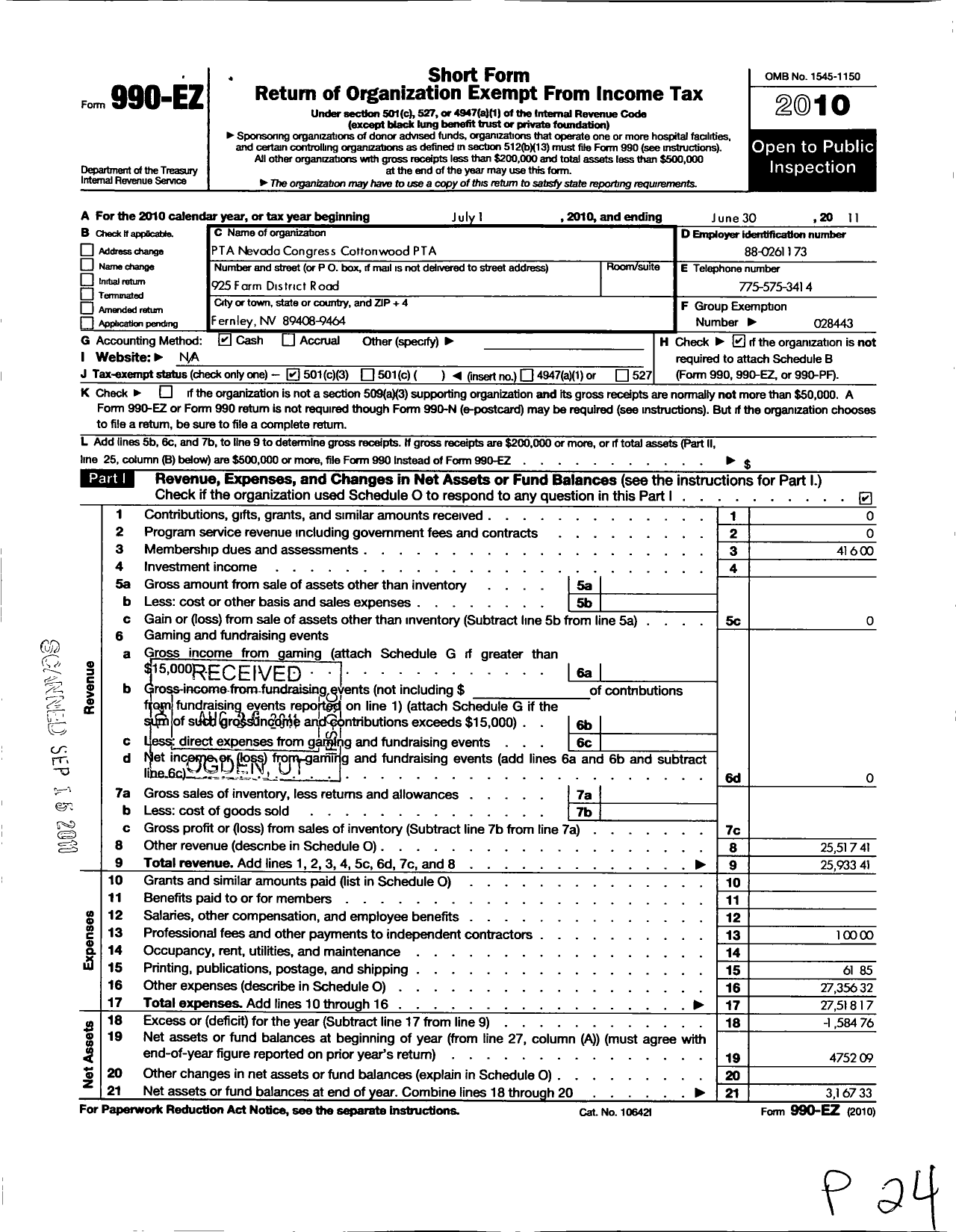 Image of first page of 2010 Form 990EZ for Cottonwood Elementary School PTA