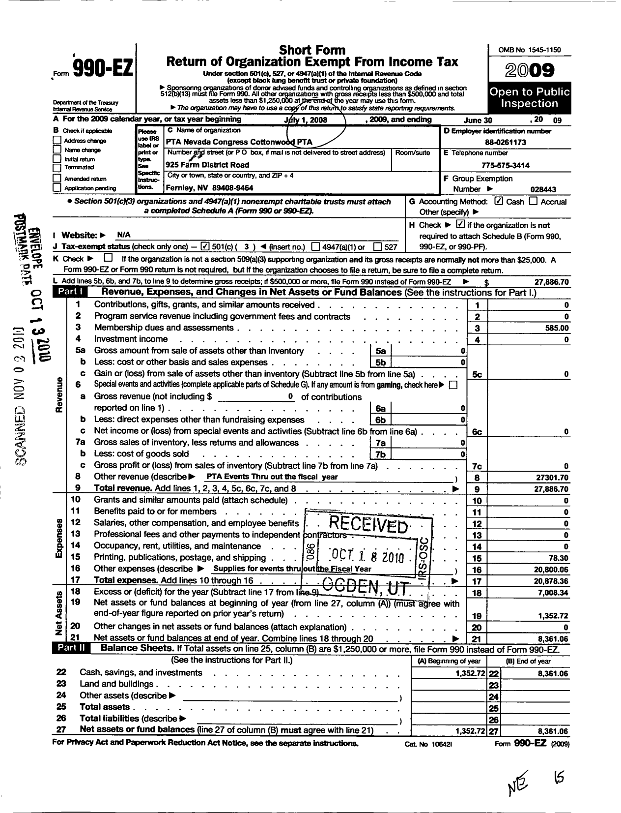 Image of first page of 2008 Form 990EZ for Cottonwood Elementary School PTA