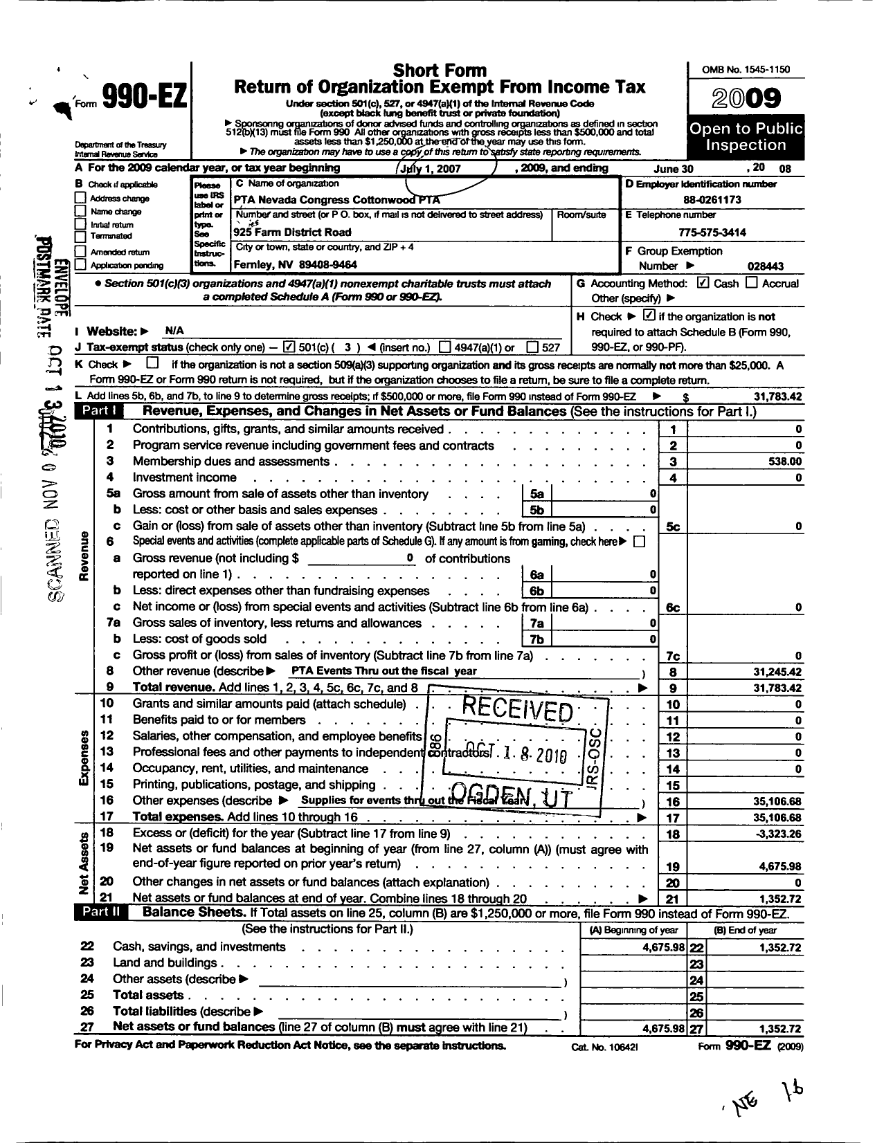 Image of first page of 2007 Form 990EZ for Cottonwood Elementary School PTA