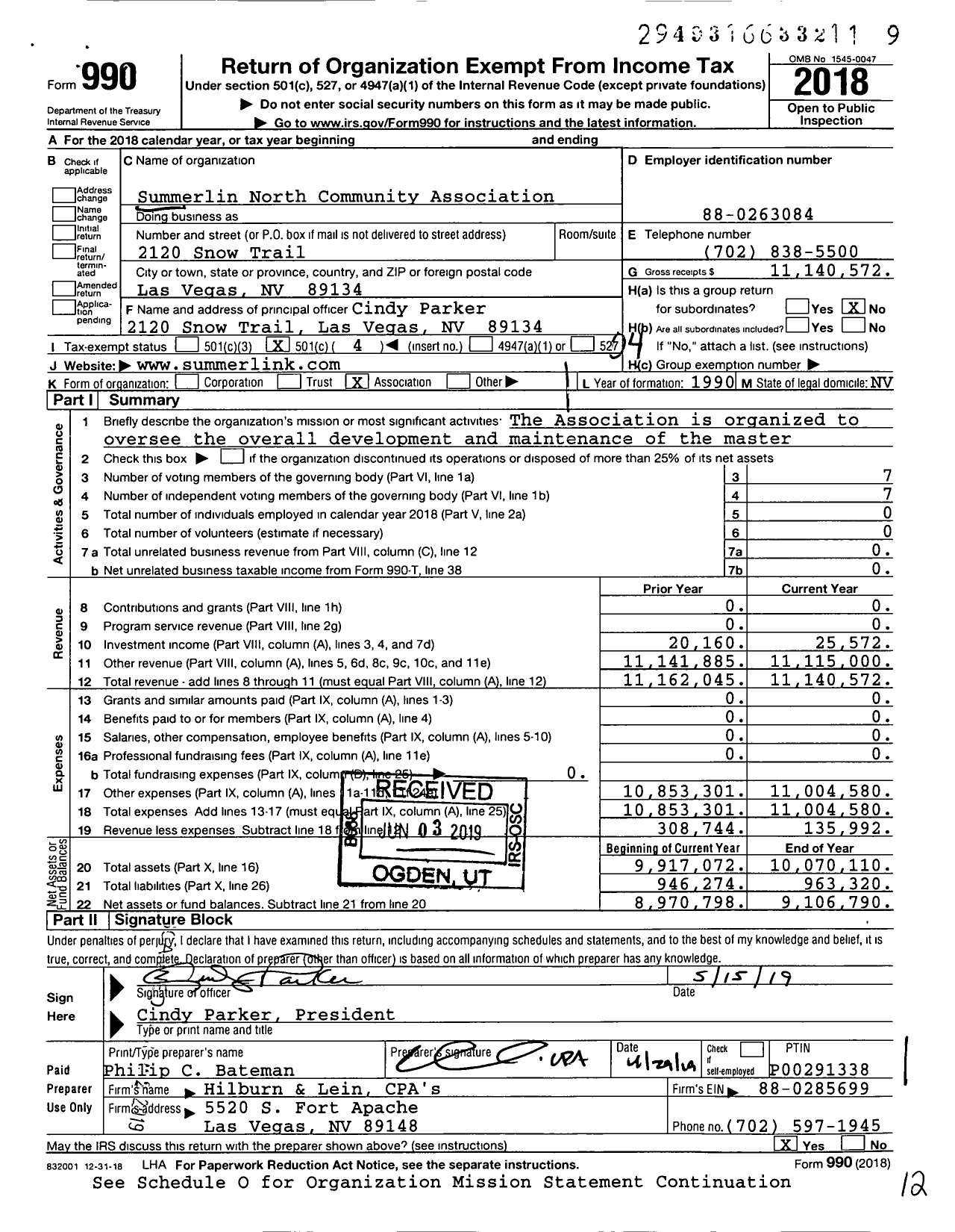 Image of first page of 2018 Form 990O for Summerlin North Community Association