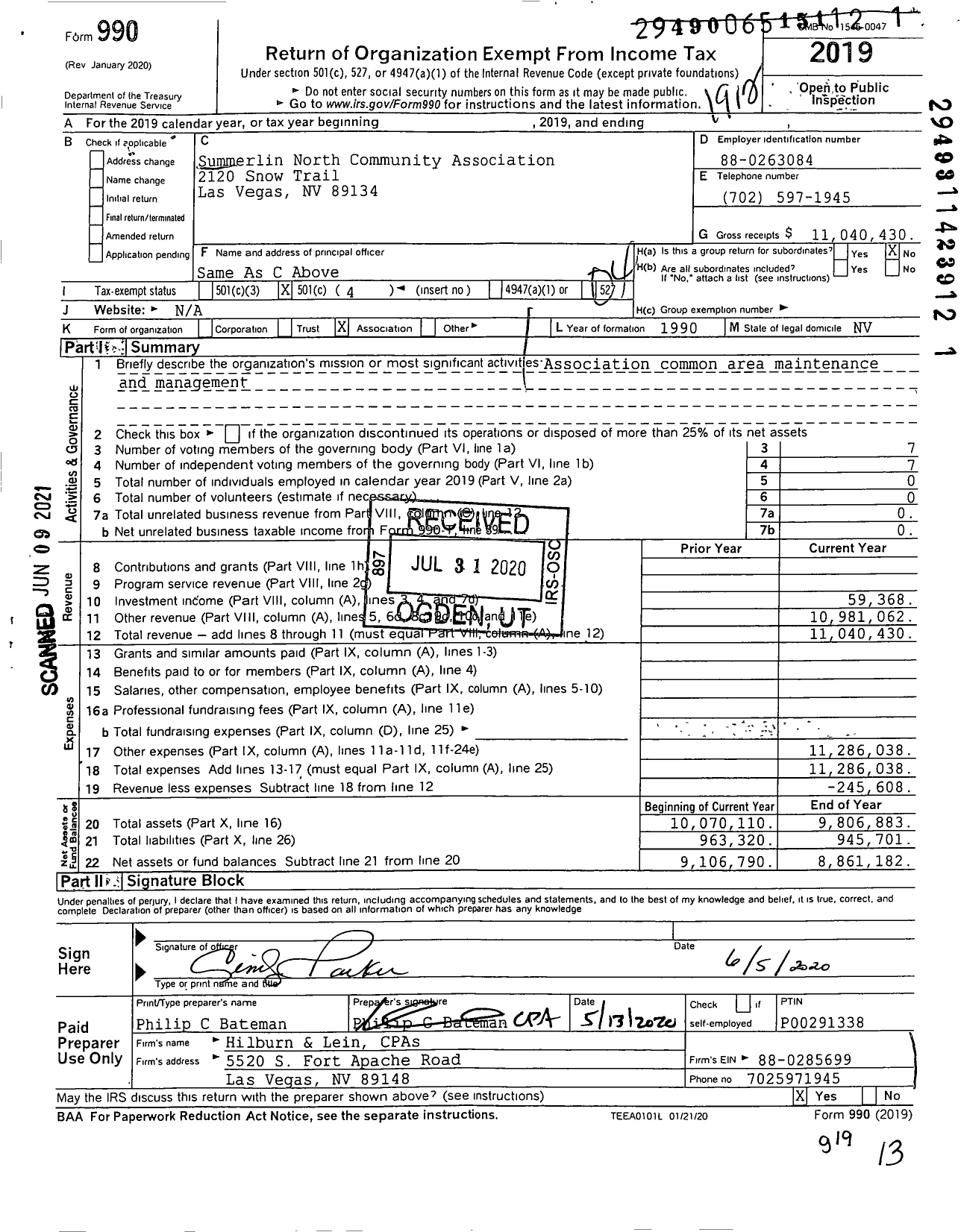 Image of first page of 2019 Form 990O for Summerlin North Community Association