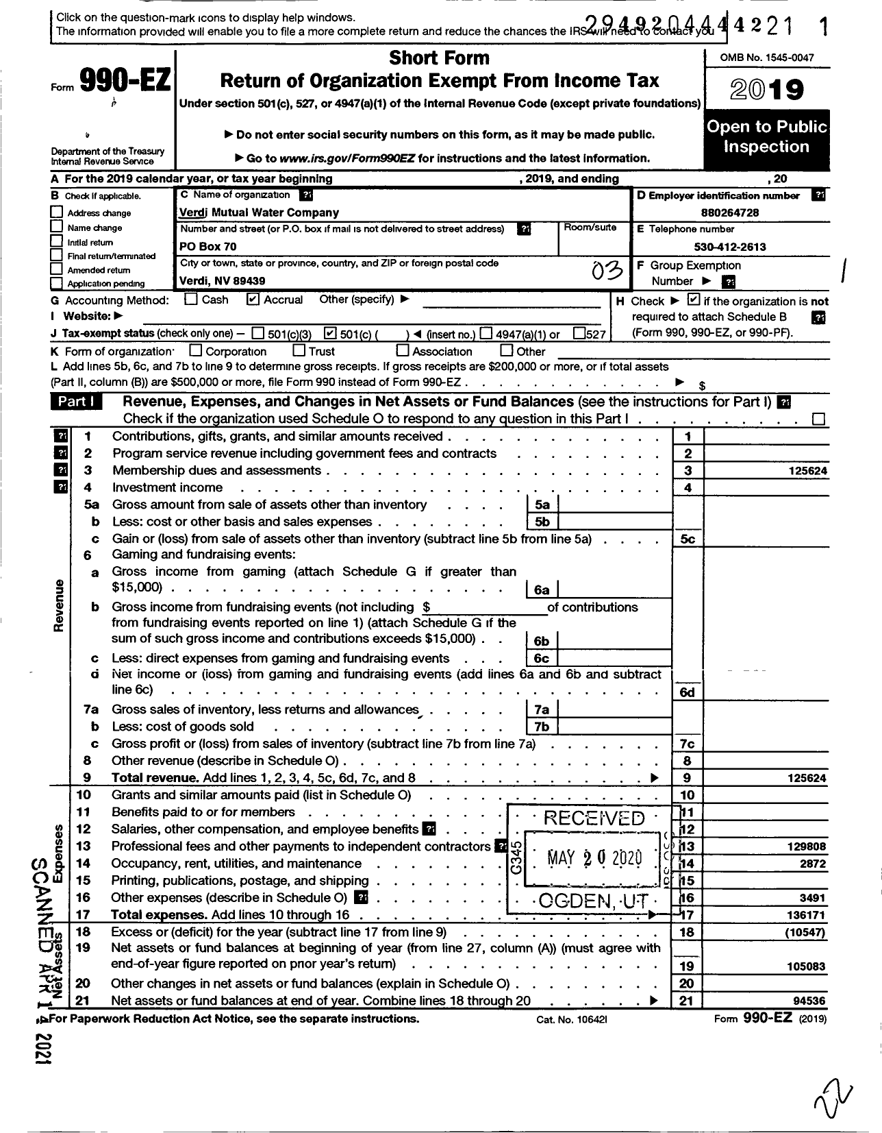 Image of first page of 2019 Form 990EZ for Verdi Mutual Water Company