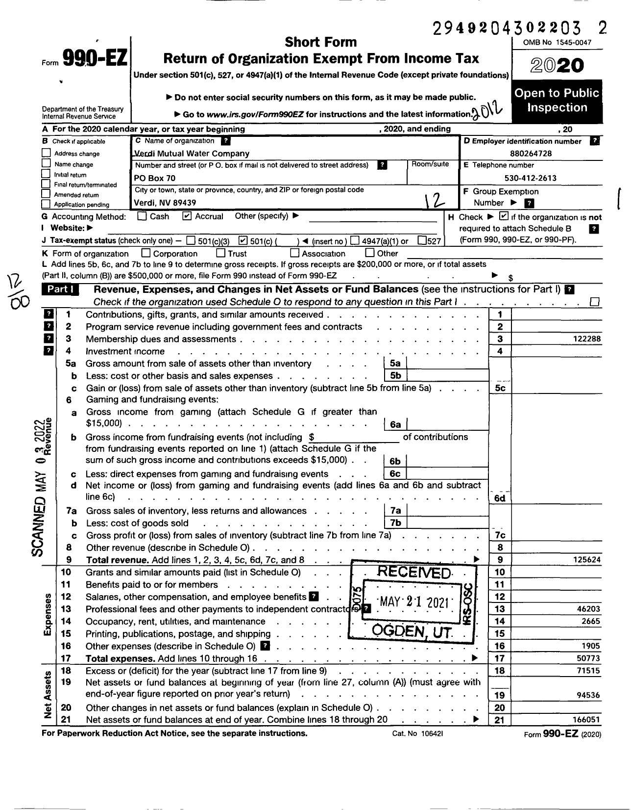 Image of first page of 2020 Form 990EO for Verdi Mutual Water Company