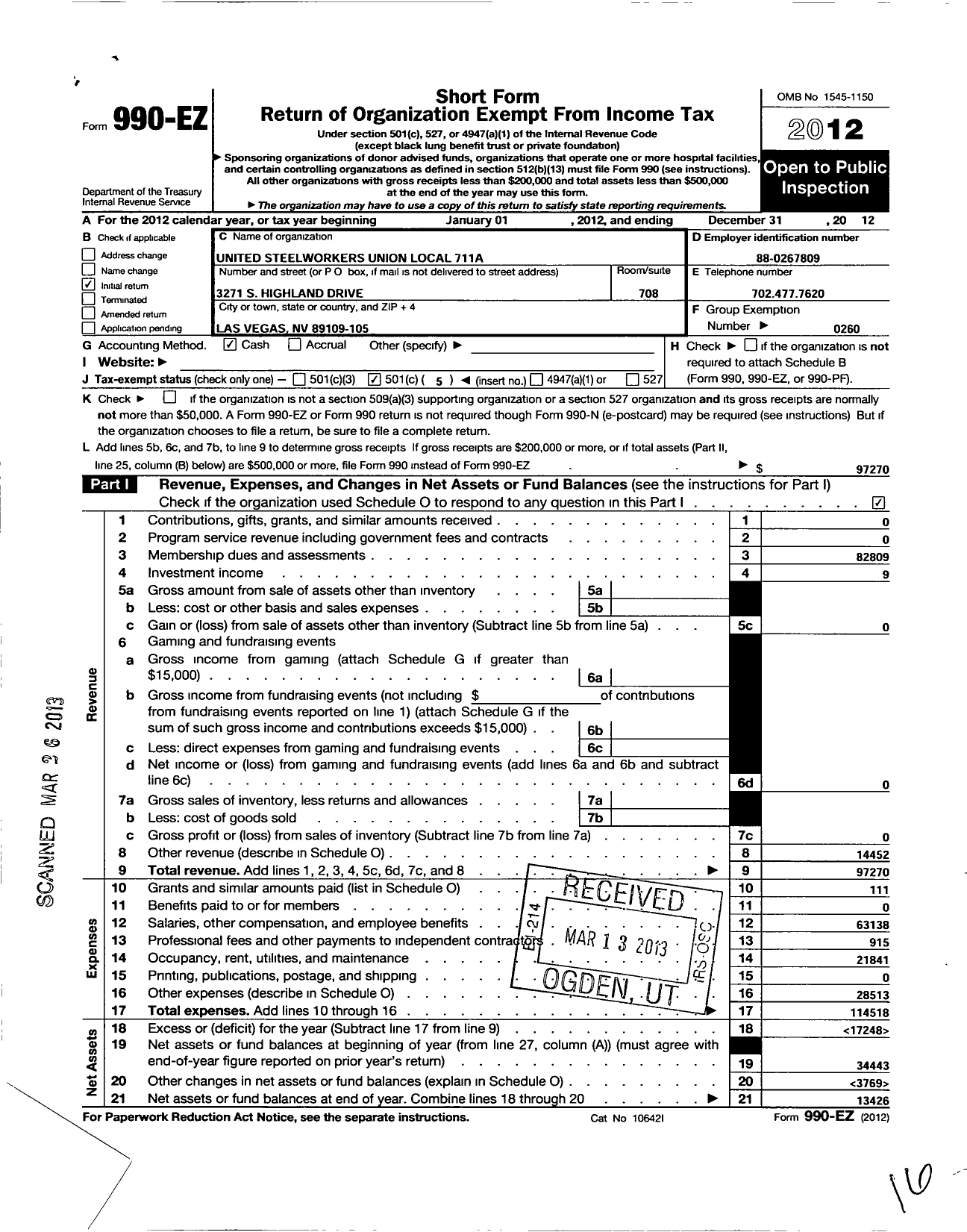 Image of first page of 2012 Form 990EO for United Steelworkers - 00711a Local