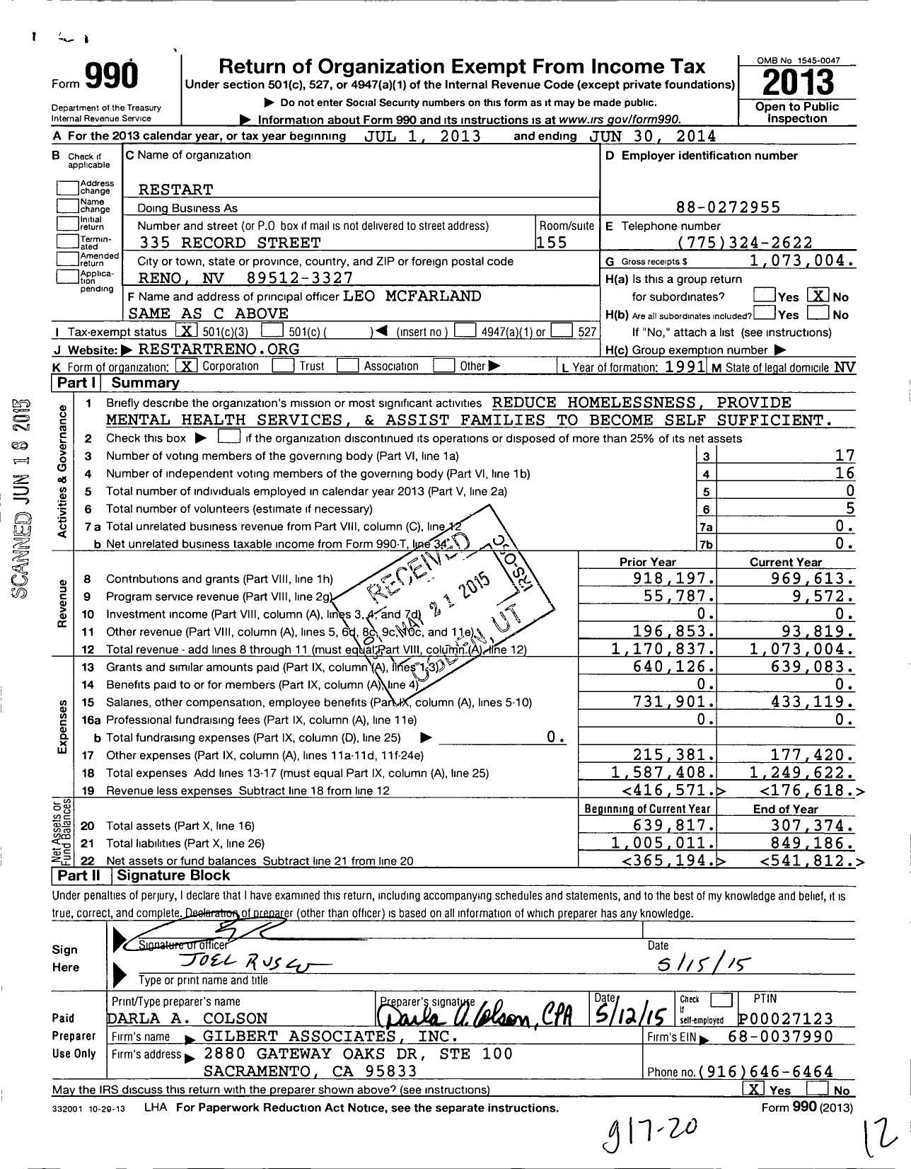 Image of first page of 2013 Form 990 for Restart