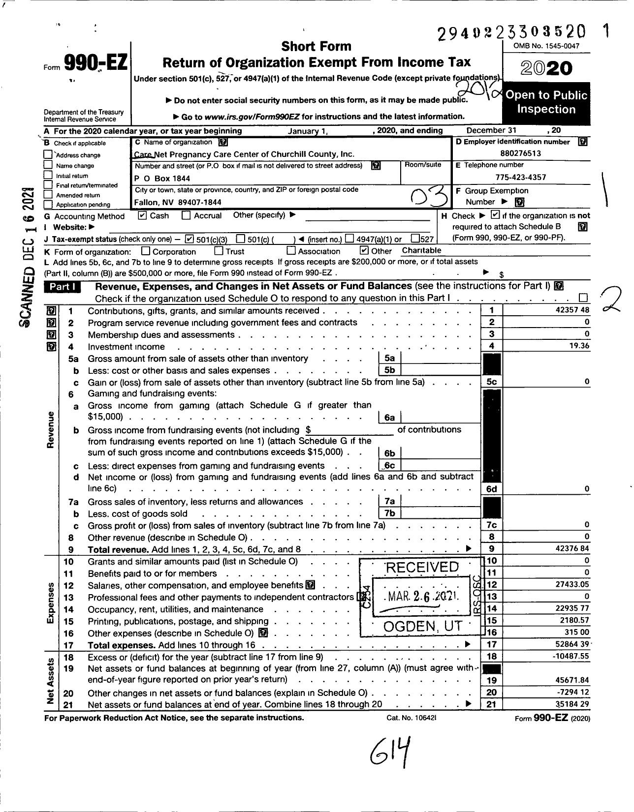 Image of first page of 2020 Form 990EZ for Care Net Pregnancy Care Center of Churchill County