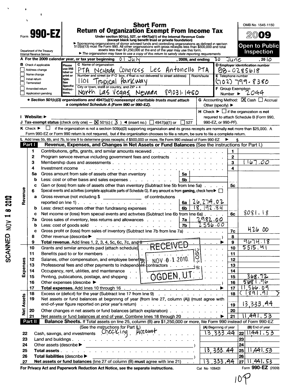 Image of first page of 2009 Form 990EZ for PTA Nevada Congress / Lee Antonello Parent Teacher Assoc