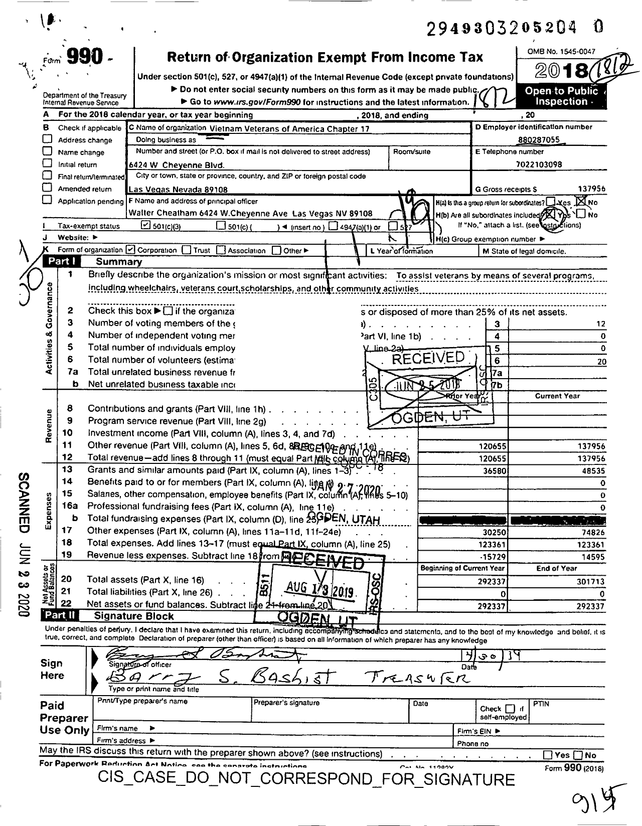 Image of first page of 2018 Form 990O for Vietnam Veterans of America - 17 Vva Chapter