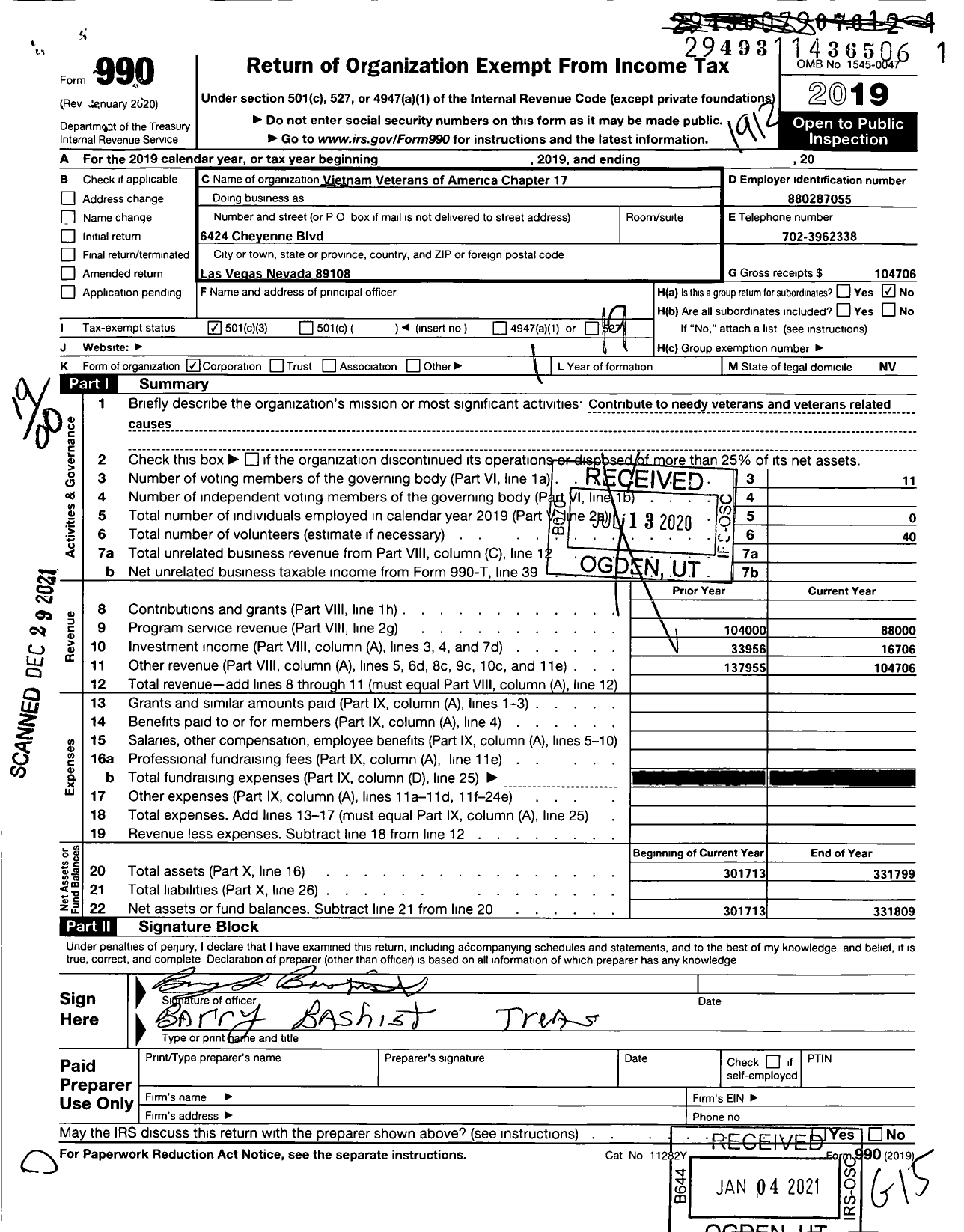 Image of first page of 2019 Form 990O for Vietnam Veterans of America - 17 Vva Chapter