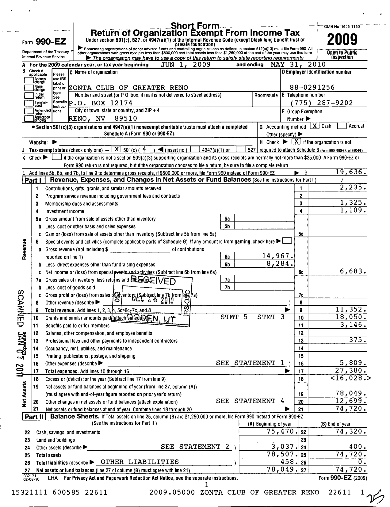 Image of first page of 2009 Form 990EO for Zonta International / Greater Reno