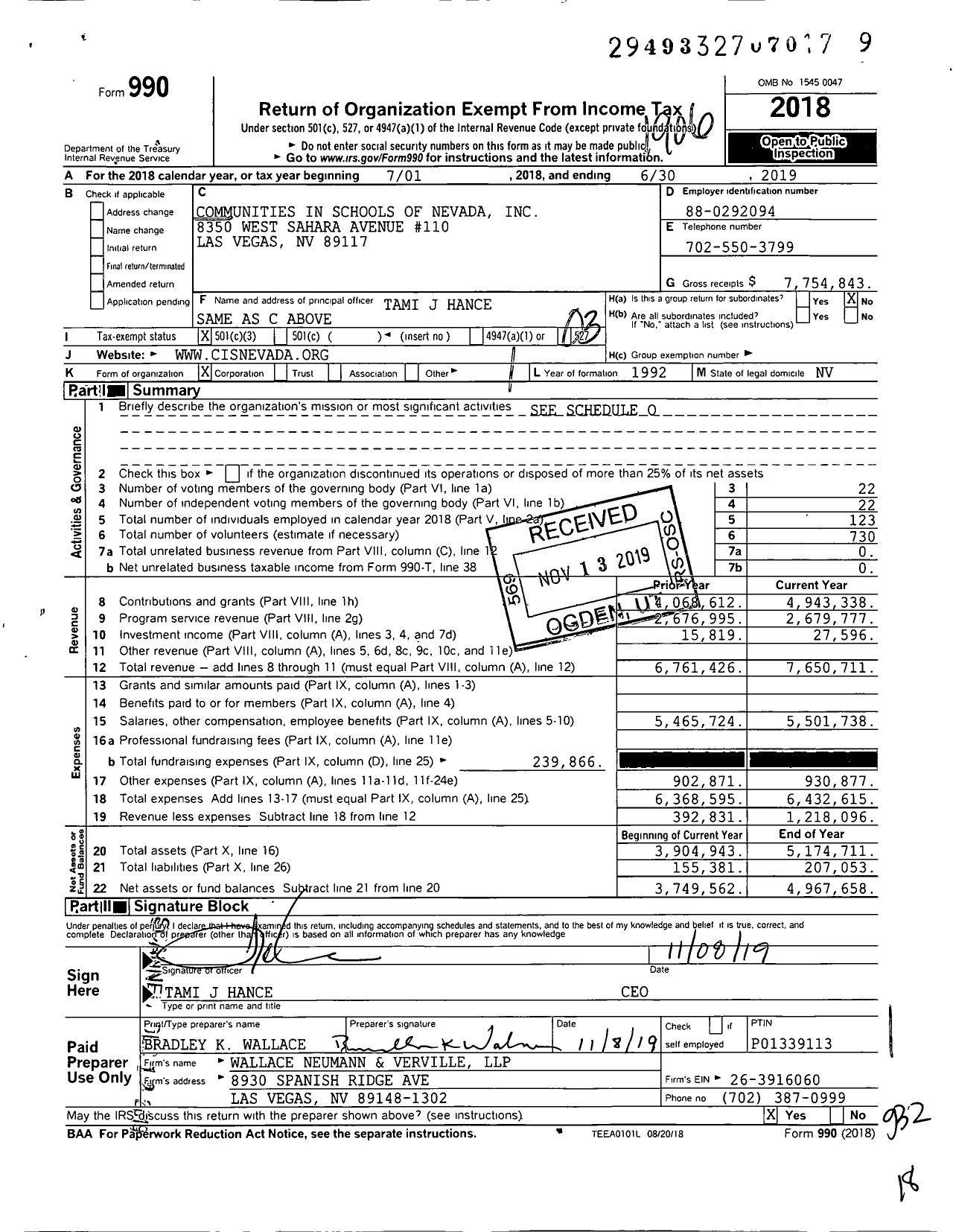 Image of first page of 2018 Form 990 for Communities In Schools of Nevada