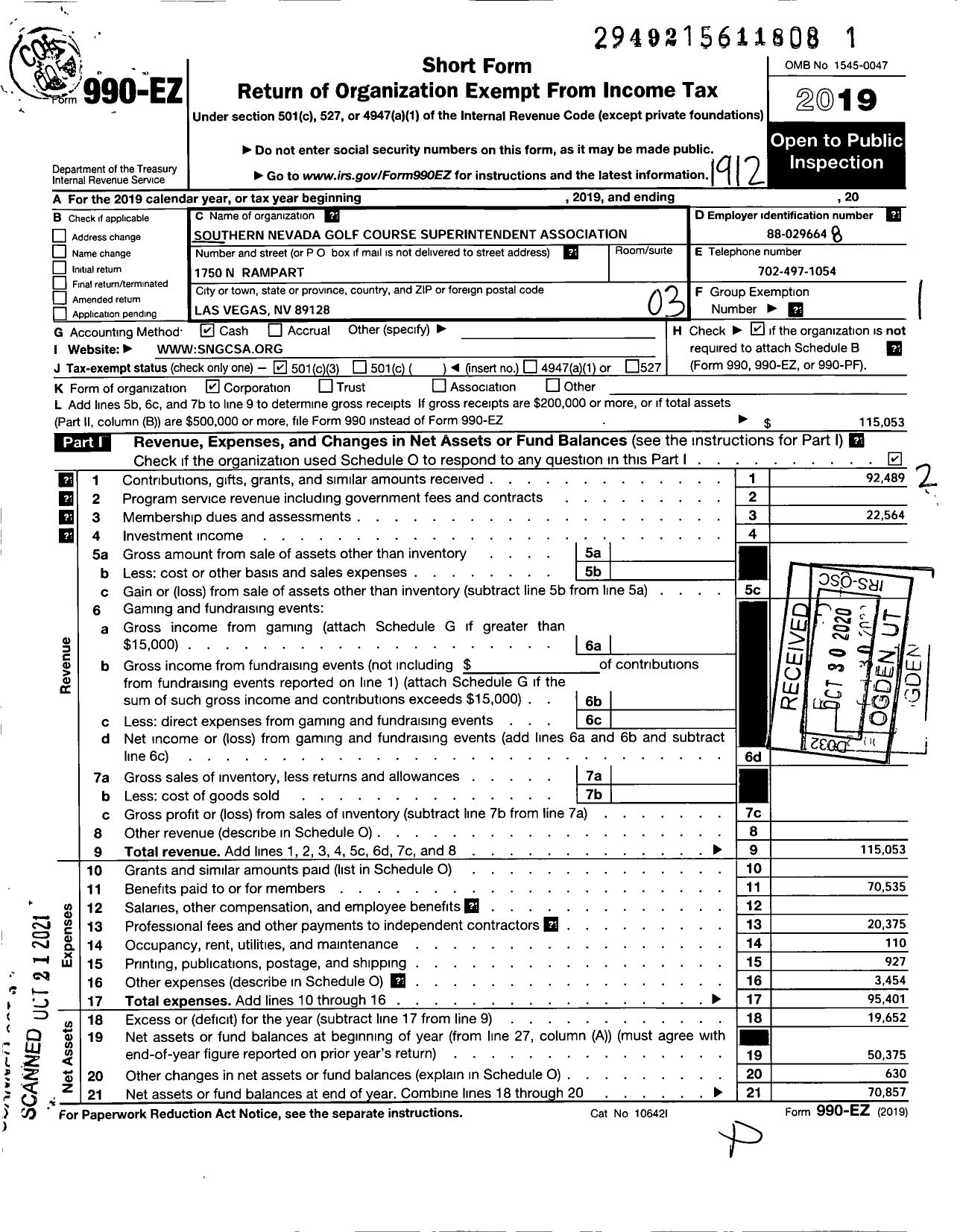 Image of first page of 2019 Form 990EZ for Southern Nevada Golf Course Superintendent