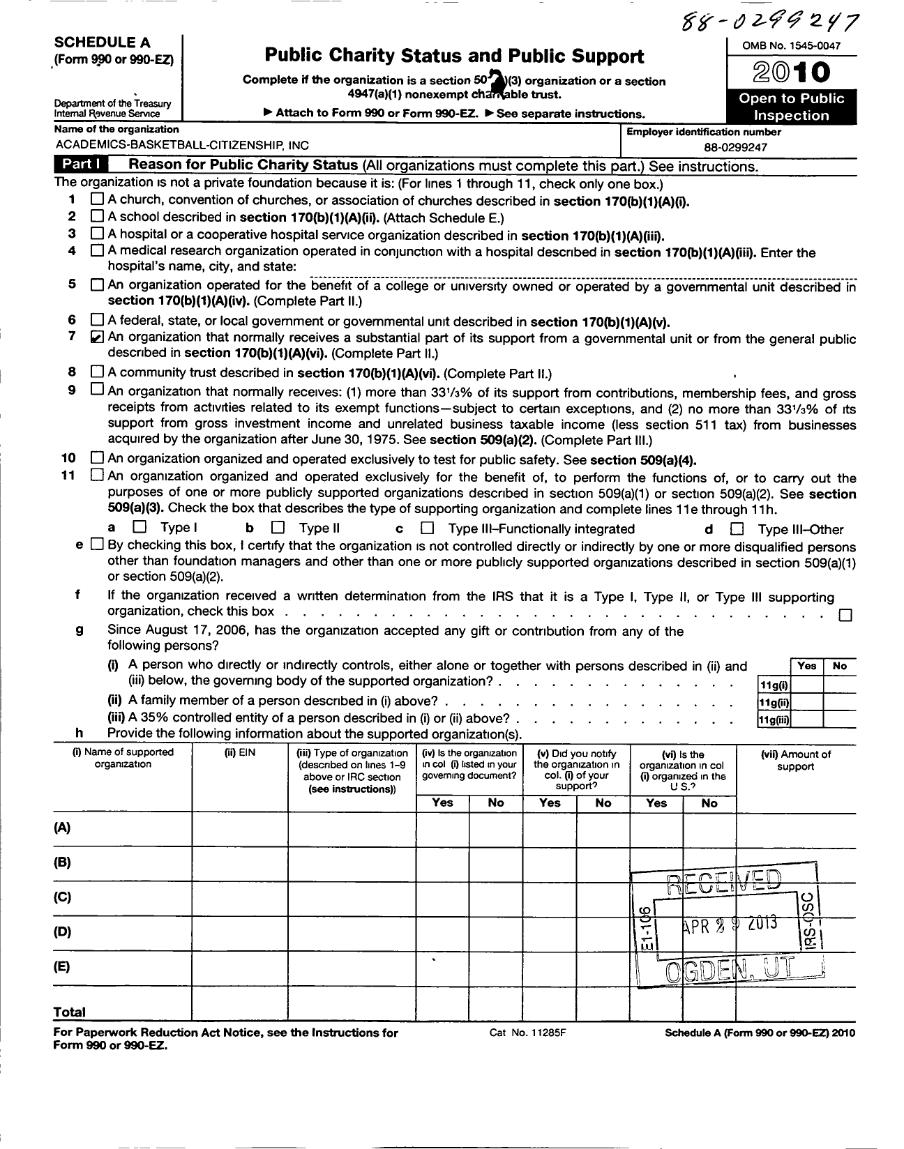 Image of first page of 2010 Form 990ER for Academics-Basketball-Citizenship