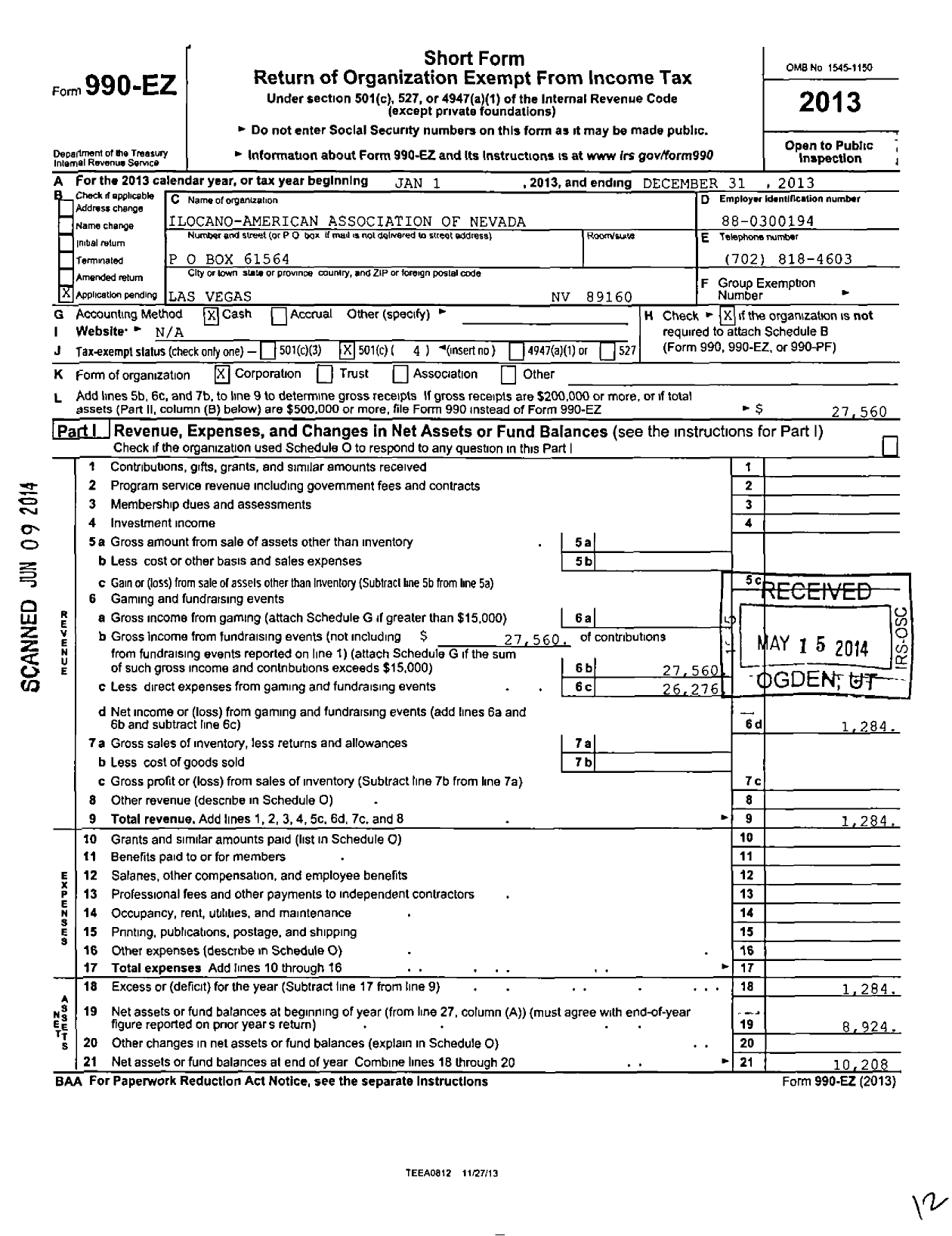 Image of first page of 2013 Form 990EO for Ilocano-American Association of Nevada