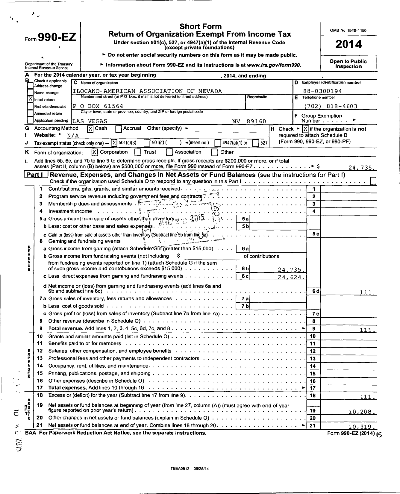 Image of first page of 2014 Form 990EZ for Ilocano-American Association of Nevada