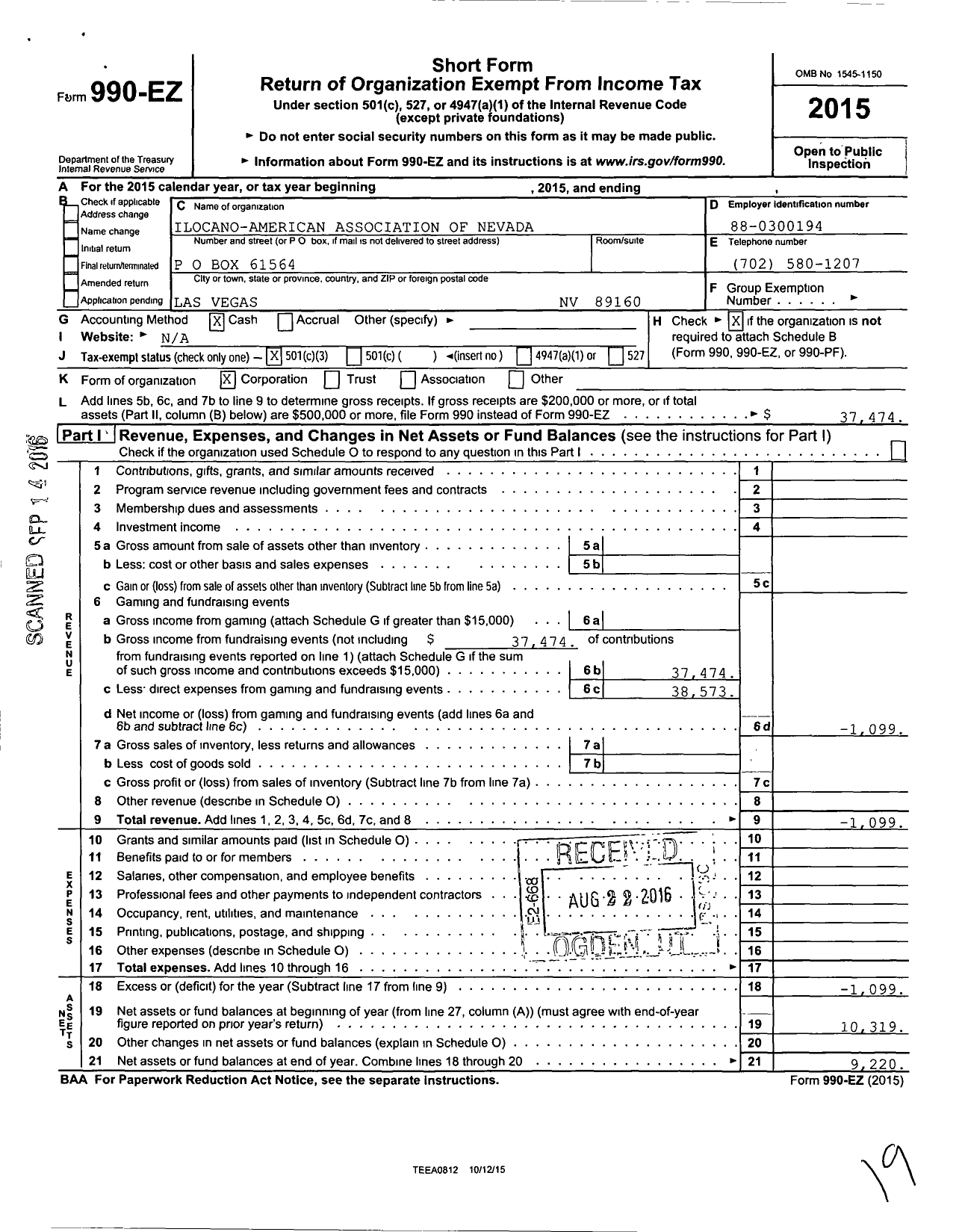 Image of first page of 2015 Form 990EZ for Ilocano-American Association of Nevada