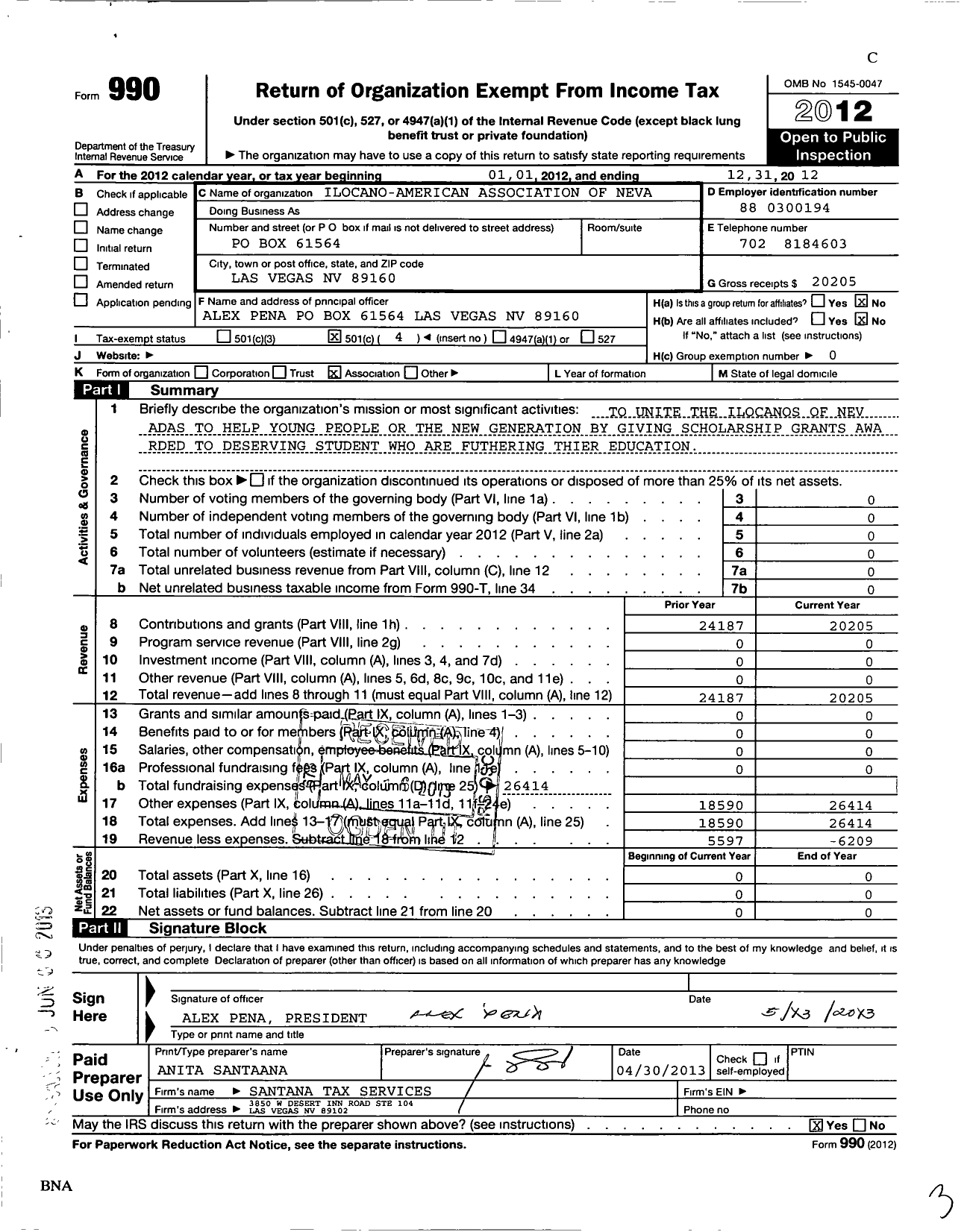 Image of first page of 2012 Form 990O for Ilocano-American Association of Nevada