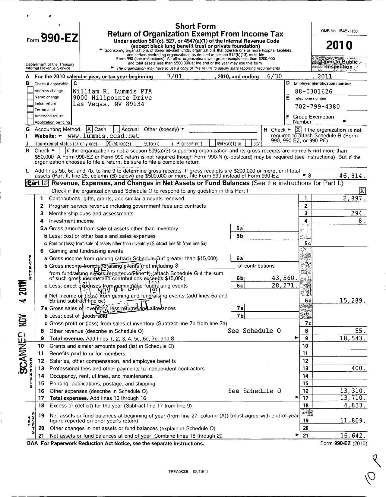 Image of first page of 2010 Form 990EZ for William R Lummis PTA