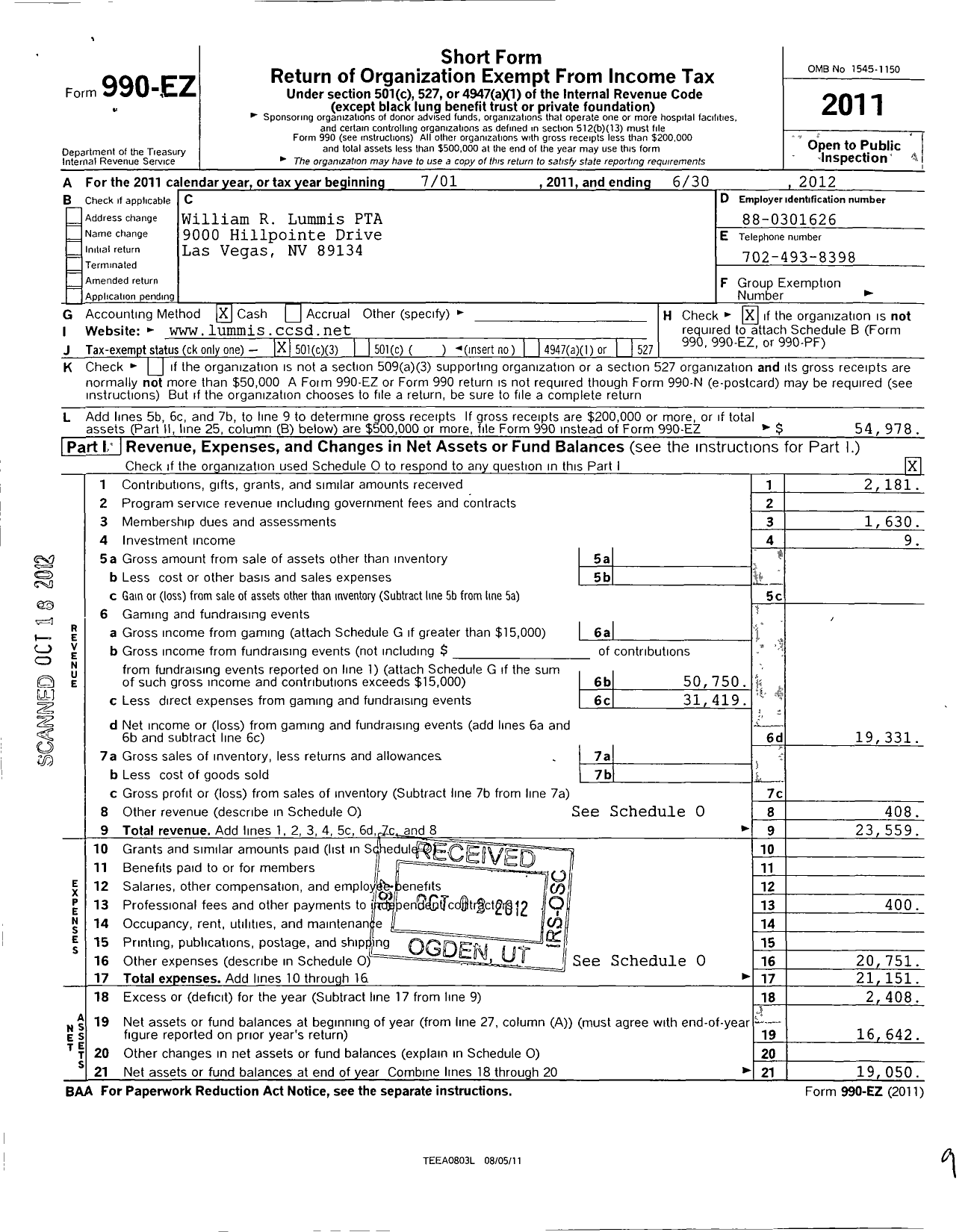 Image of first page of 2011 Form 990EZ for William R Lummis PTA