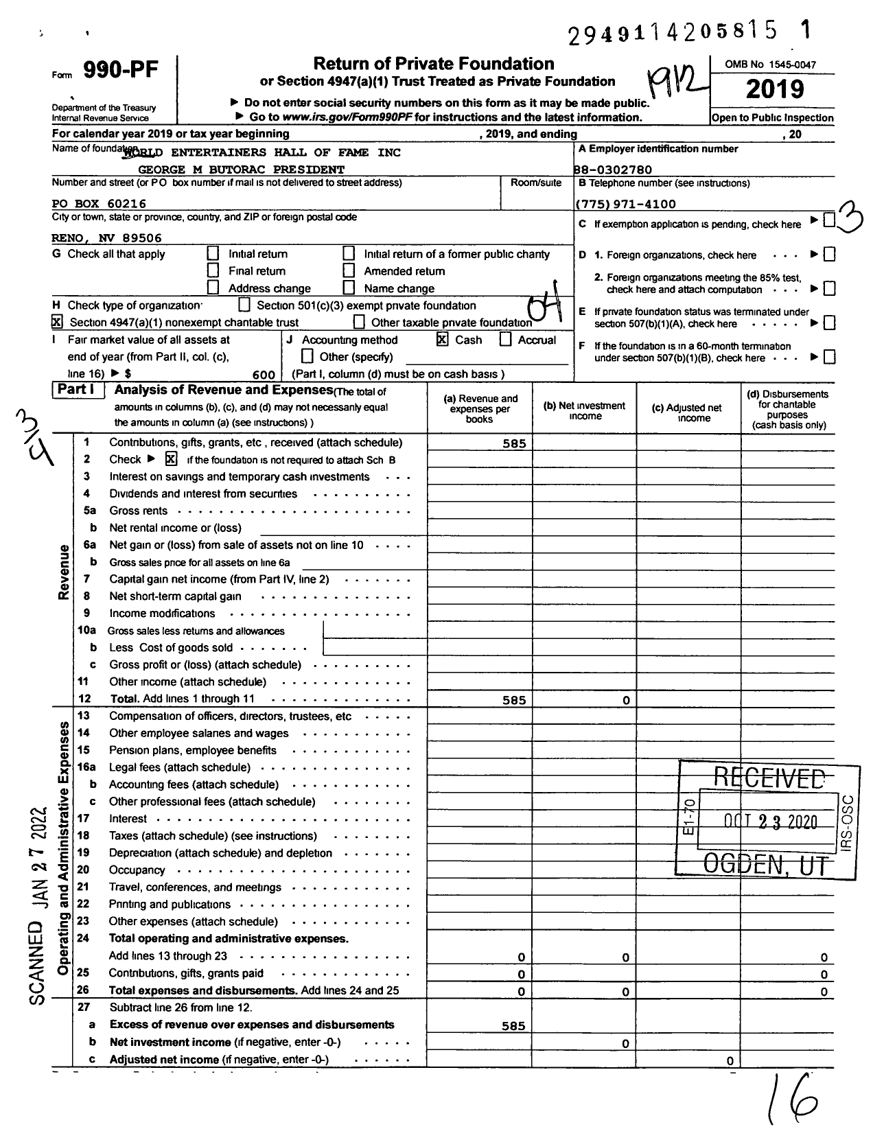 Image of first page of 2019 Form 990PF for World Entertainers Hall of Fame