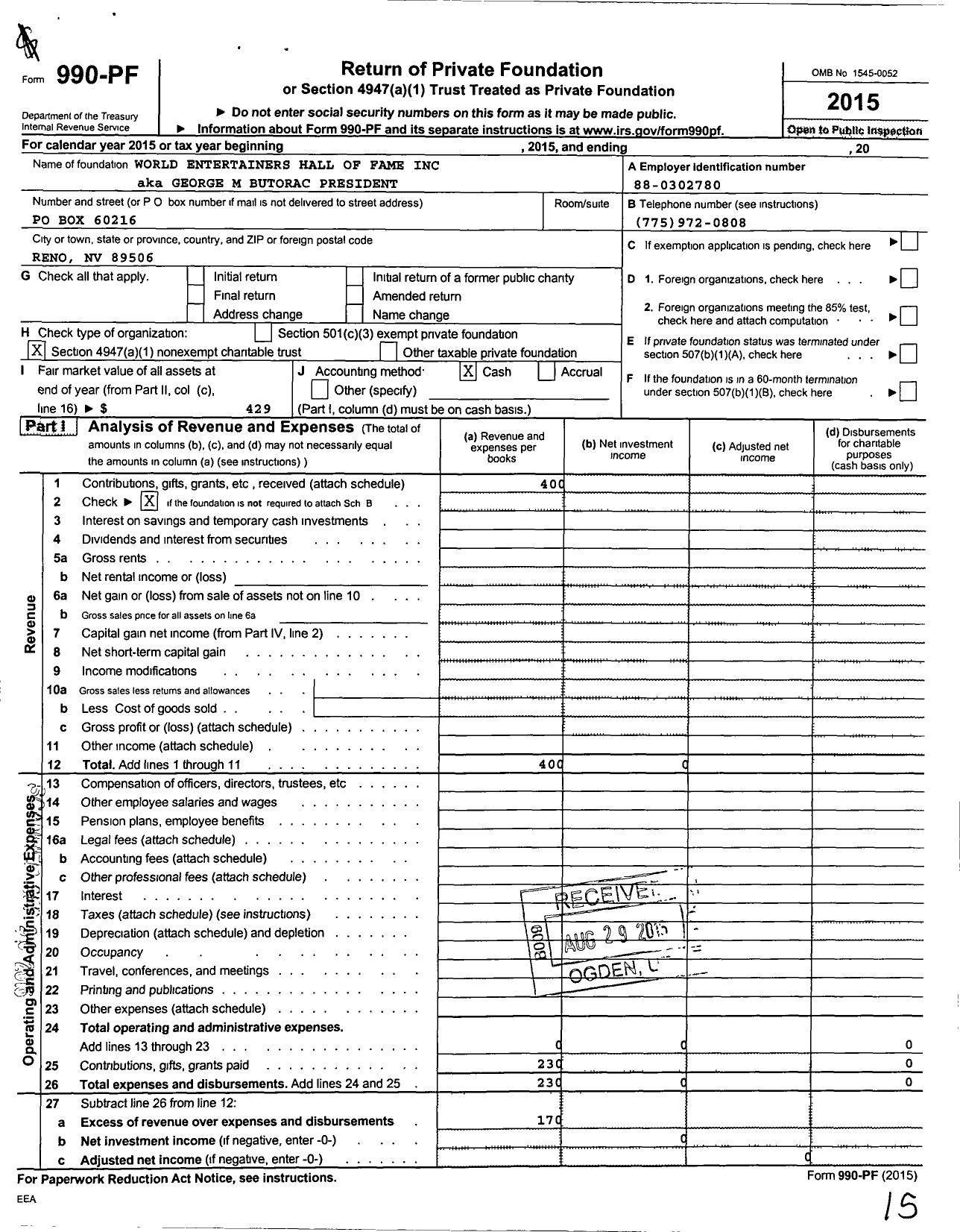 Image of first page of 2015 Form 990PF for World Entertainers Hall of Fame