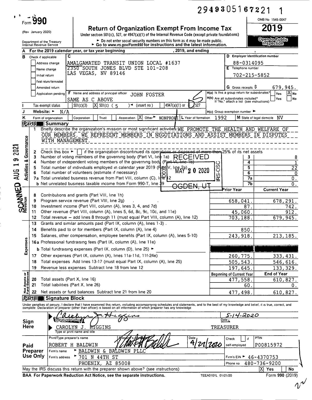 Image of first page of 2019 Form 990O for Amalgamated Transit Union - 1637 Local