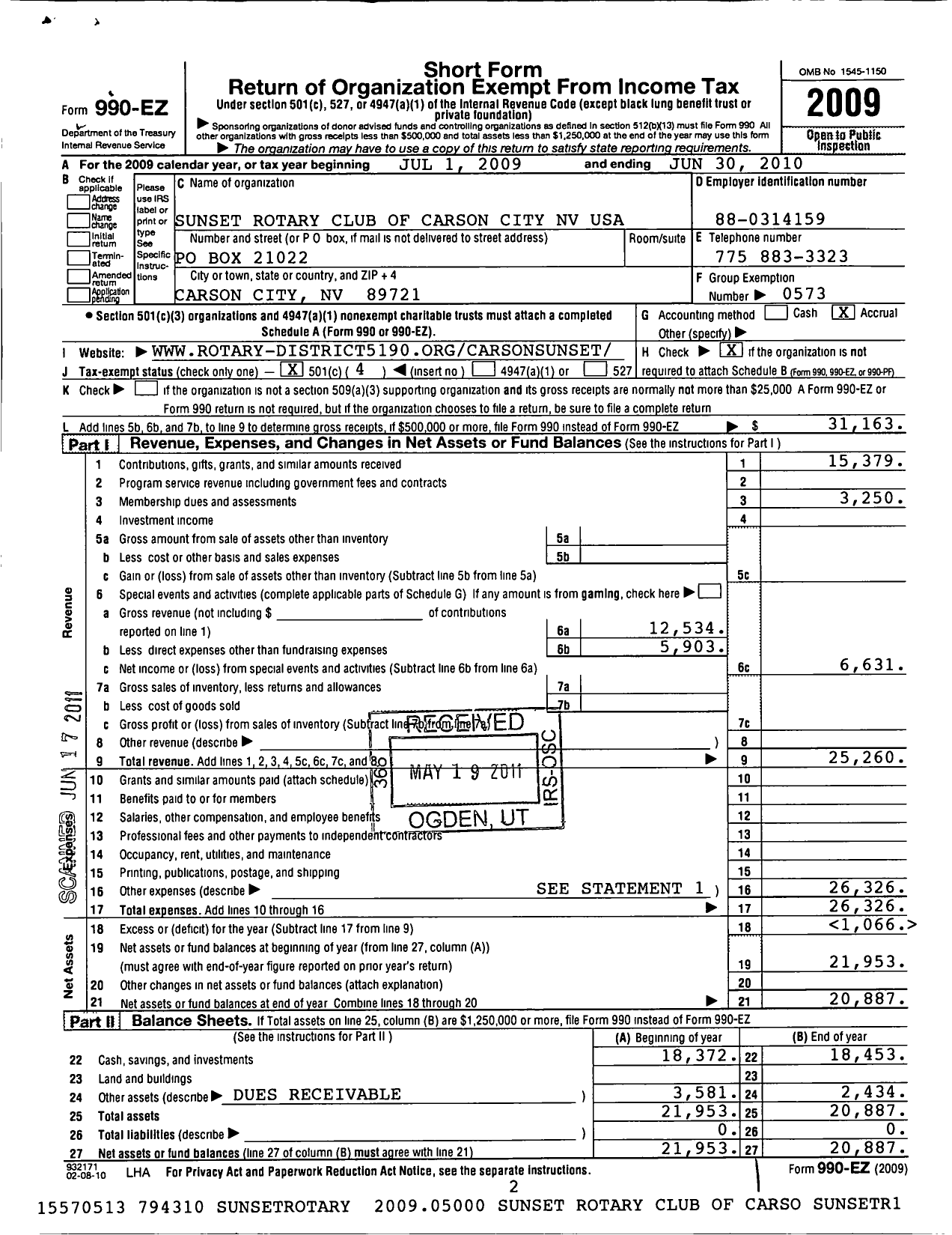 Image of first page of 2009 Form 990EO for Rotary International - Cap City Passport