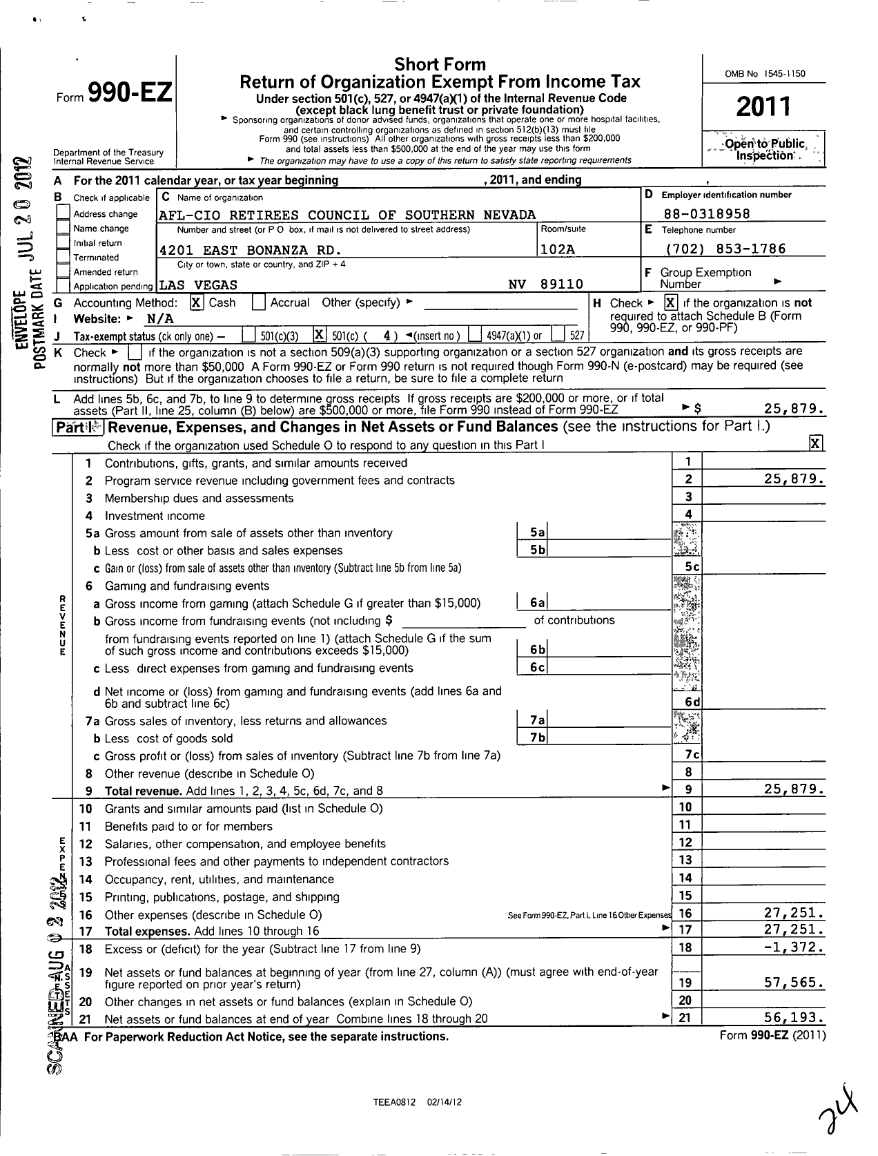 Image of first page of 2011 Form 990EO for AFL-CIO Retirees Council of Southern Nevada