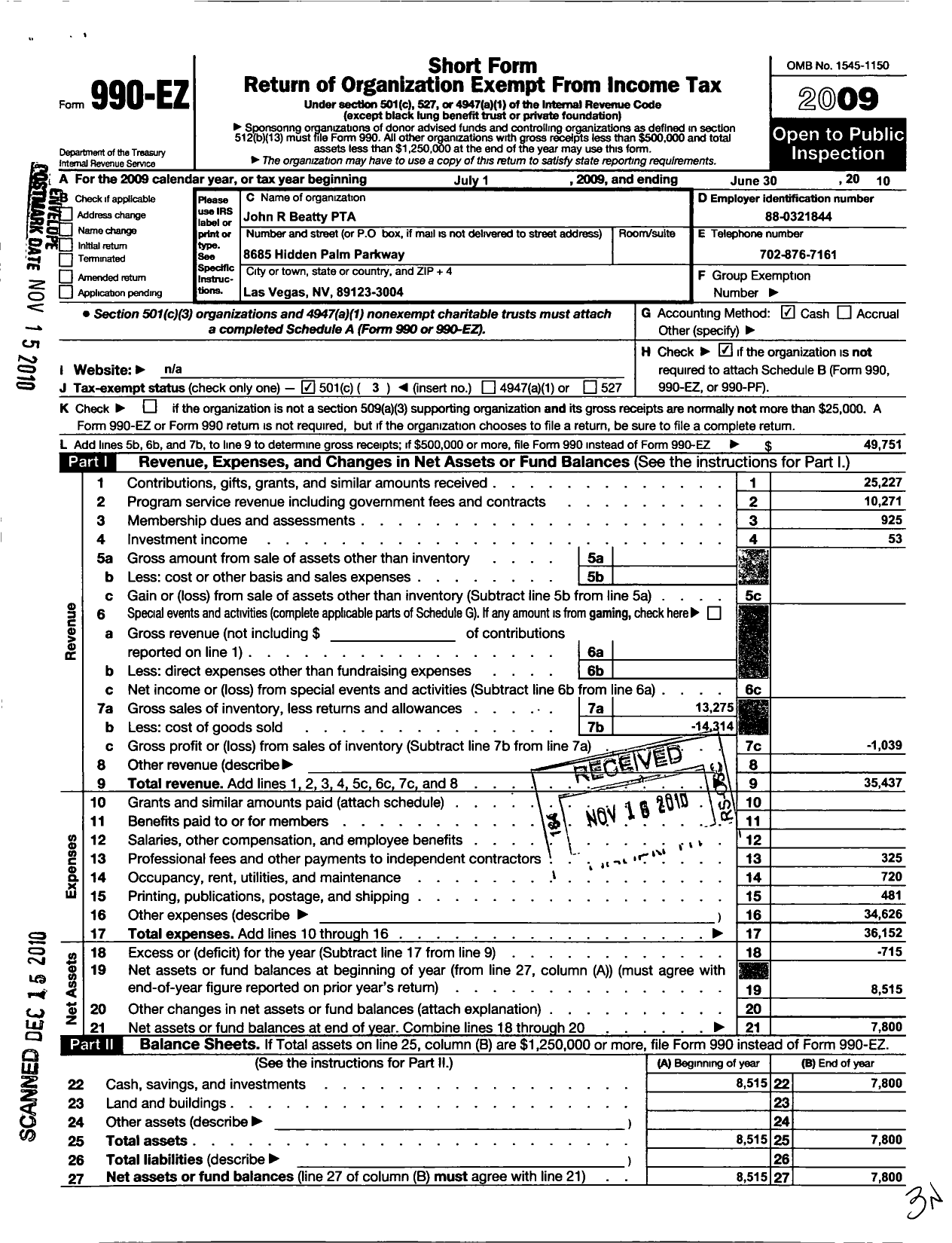 Image of first page of 2009 Form 990EZ for PTA Nevada Congress / John R Beatty Elementary PTA