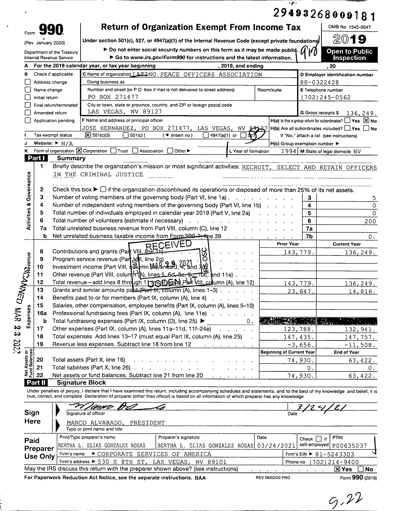 Image of first page of 2019 Form 990 for Latino Peace Officers Association / Clark County Chapter