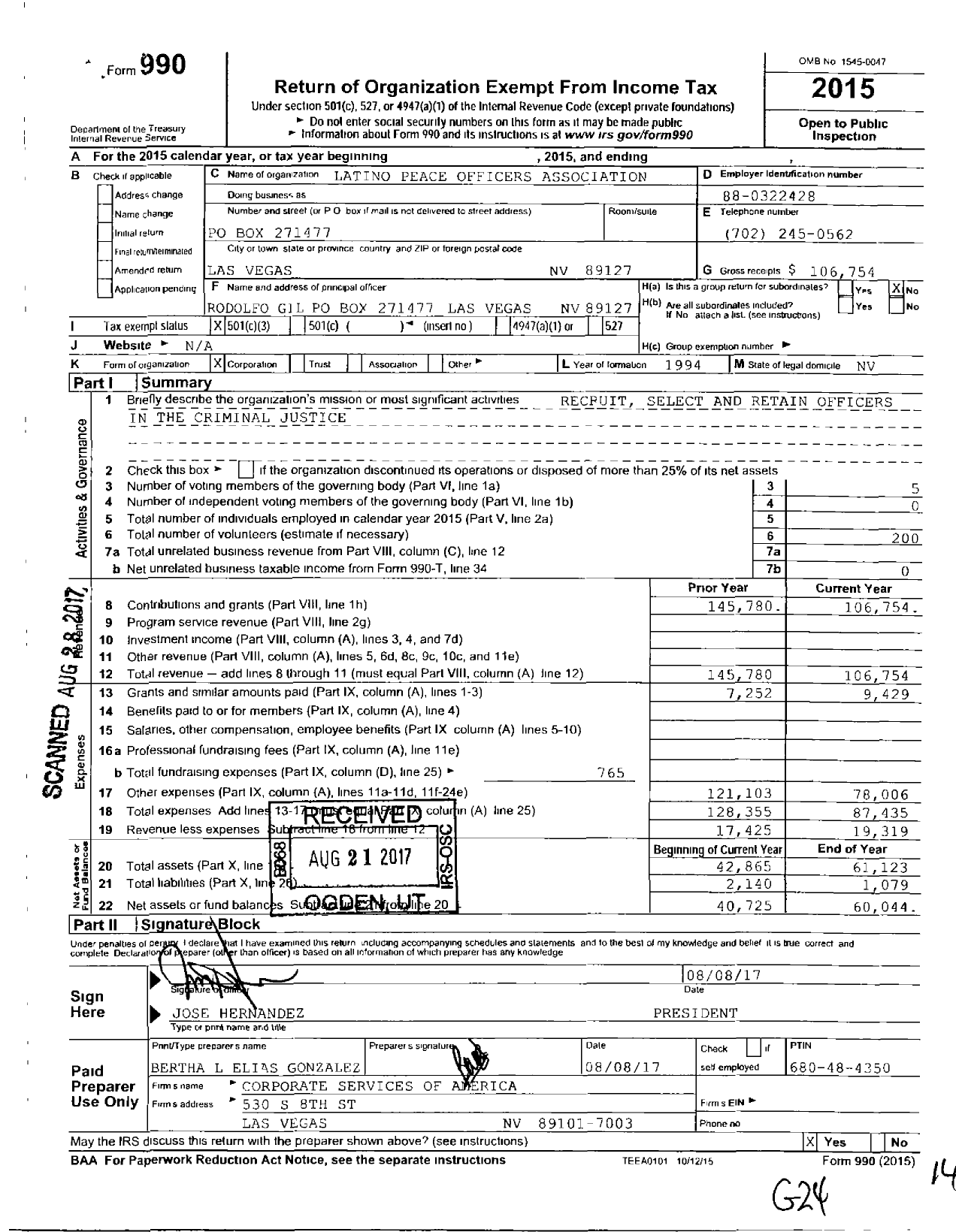 Image of first page of 2015 Form 990 for Latino Peace Officers Association / Clark County Chapter