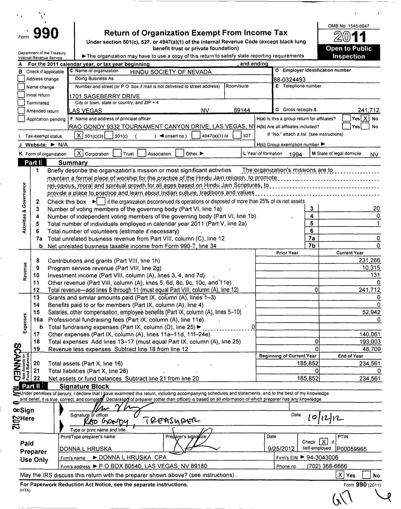 Image of first page of 2011 Form 990 for Hindu and Jain Temple of Las V