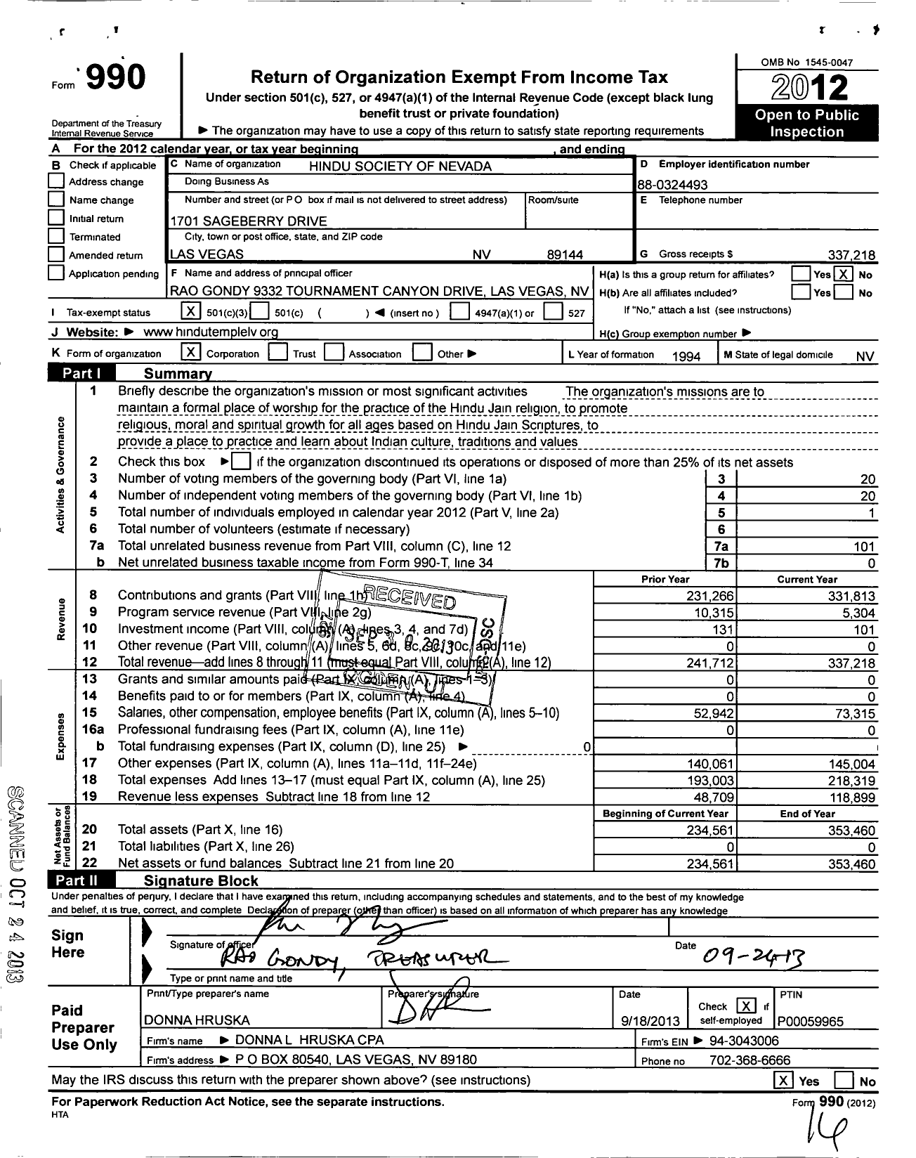 Image of first page of 2012 Form 990 for Hindu and Jain Temple of Las V