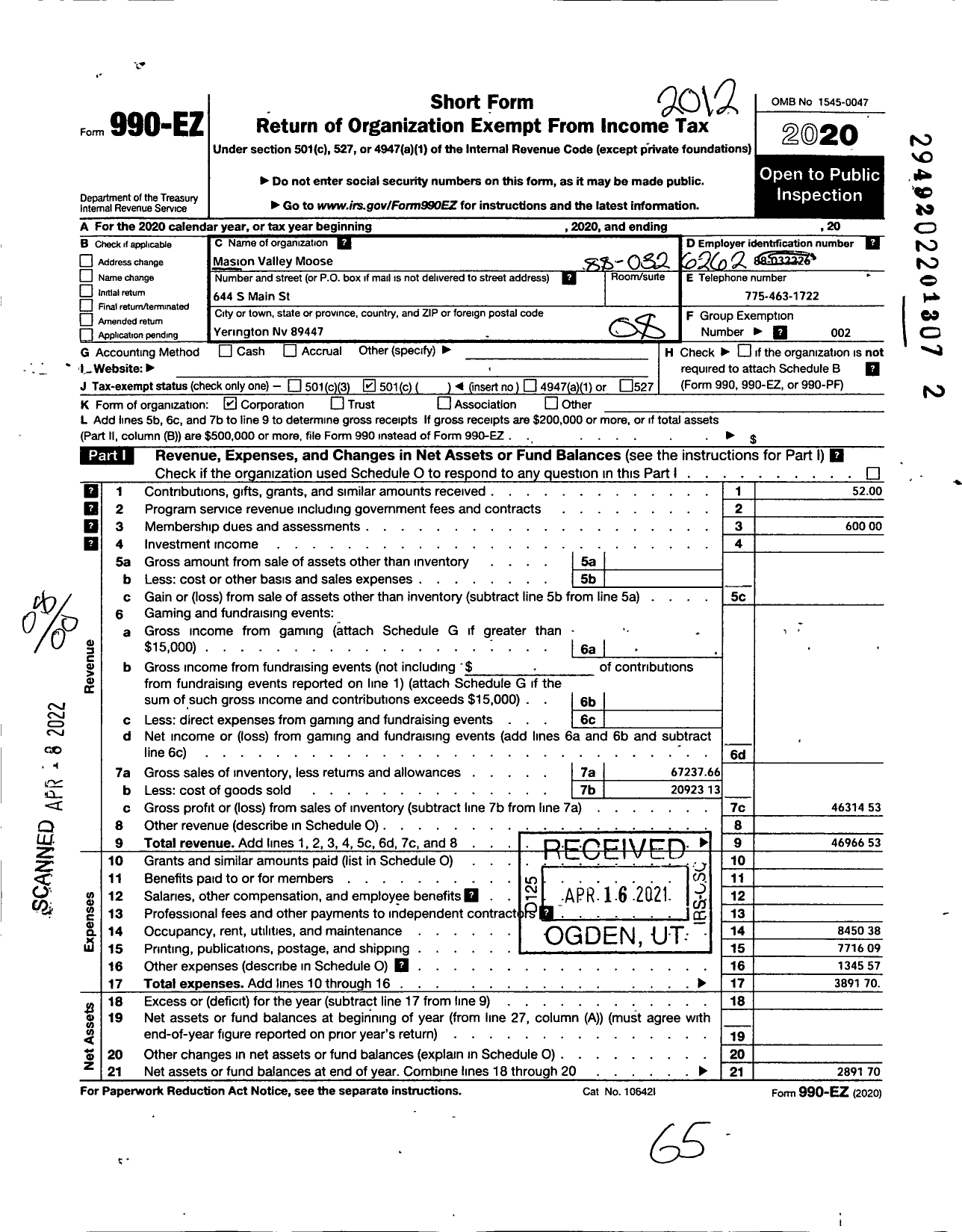 Image of first page of 2020 Form 990EO for Loyal Order of Moose - 2428