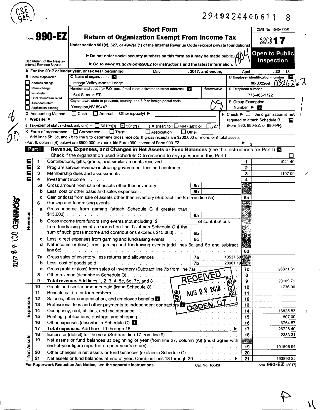 Image of first page of 2017 Form 990EO for Loyal Order of Moose - 2428