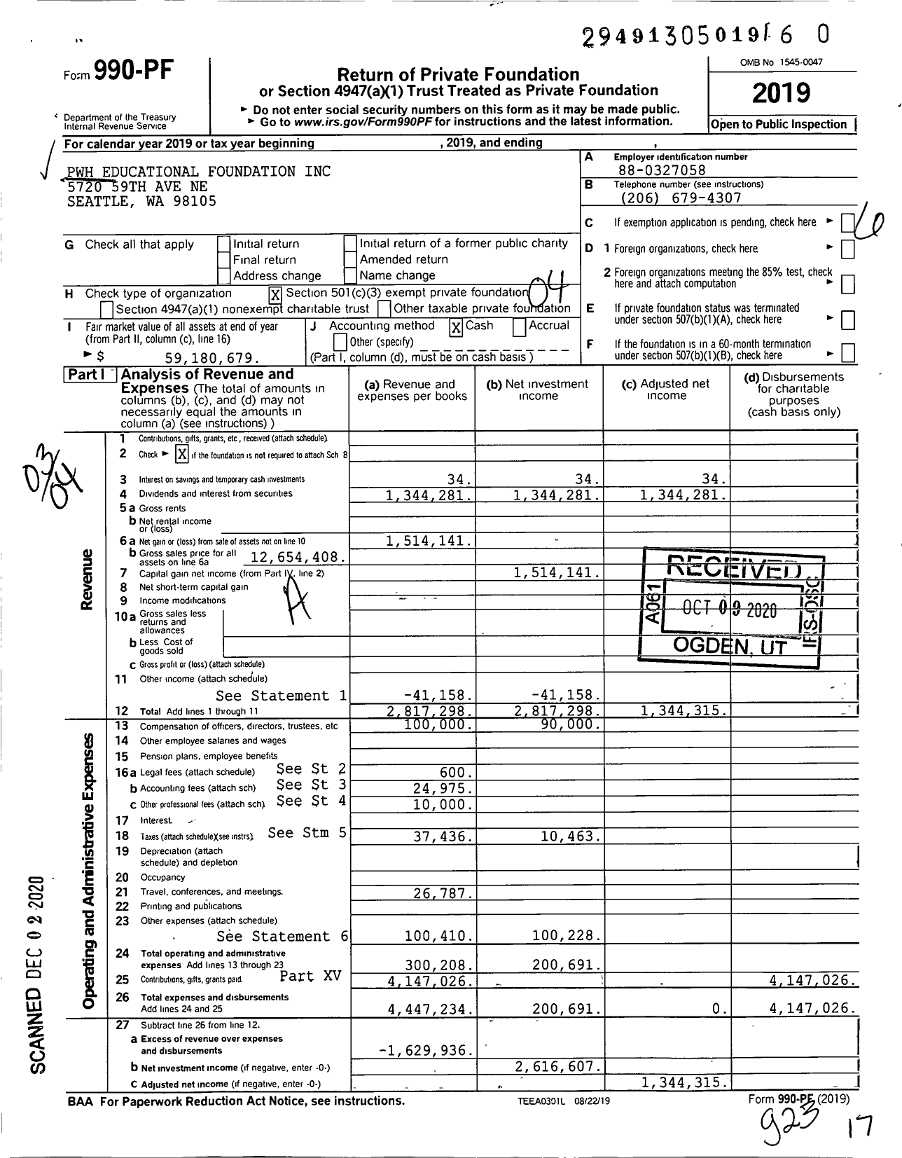 Image of first page of 2019 Form 990PF for PWH Educational Foundation