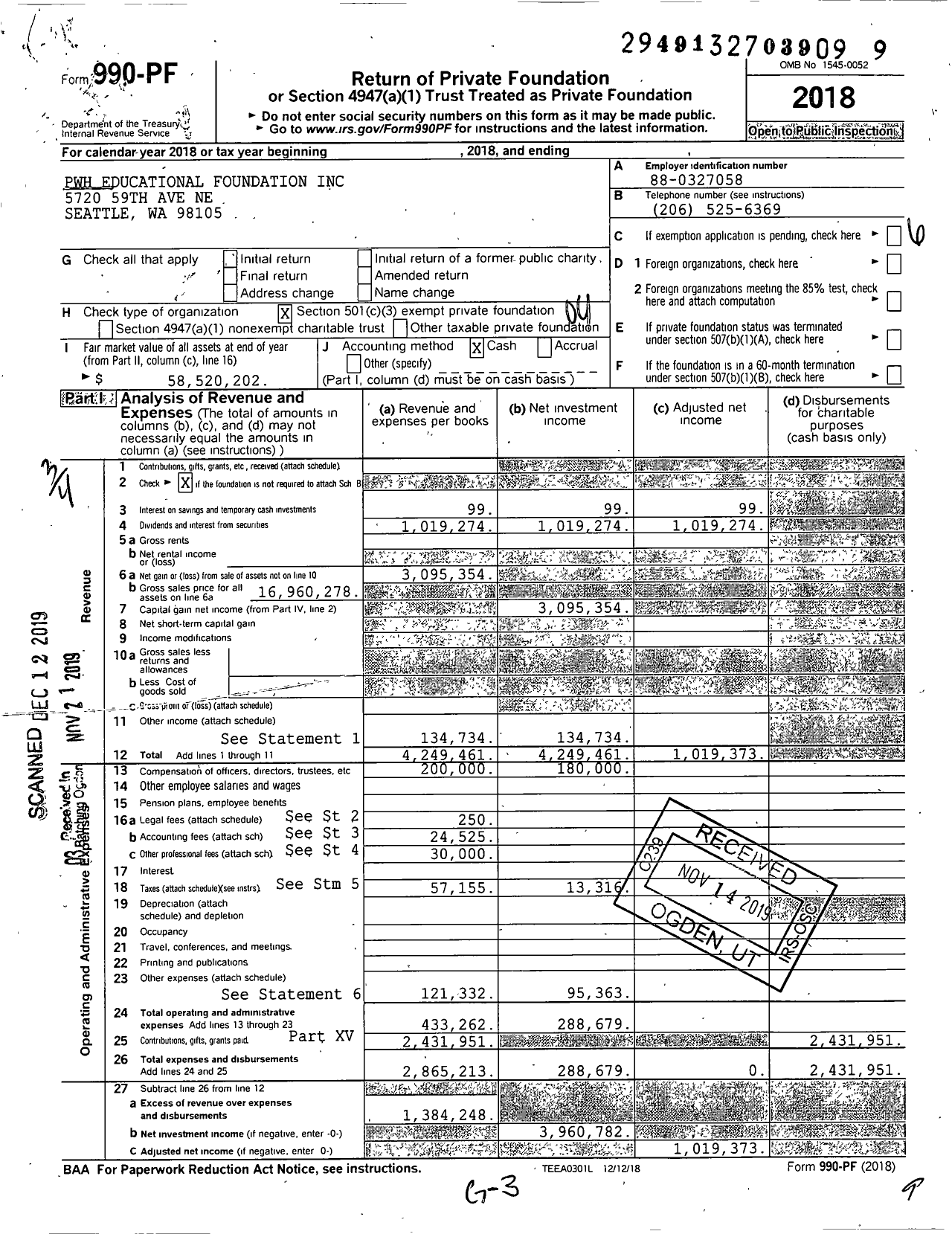Image of first page of 2018 Form 990PF for PWH Educational Foundation