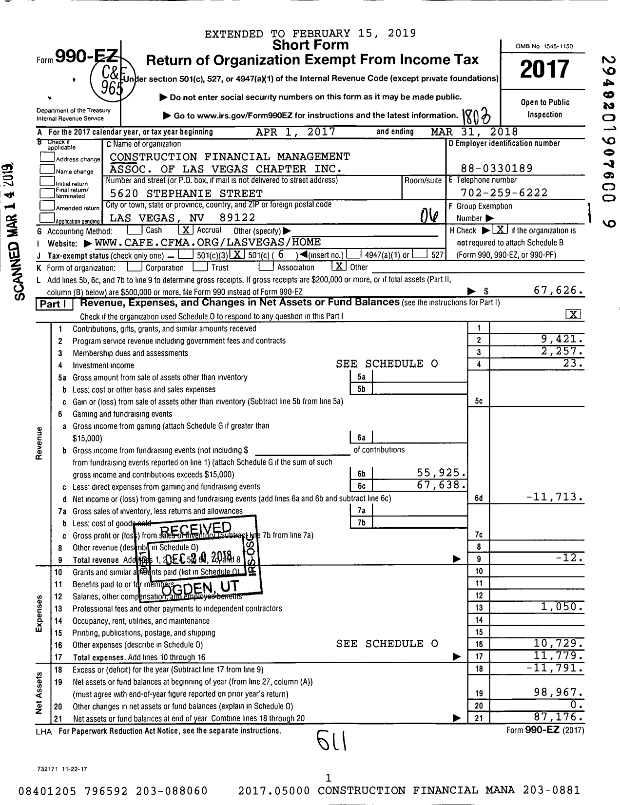 Image of first page of 2017 Form 990EO for Construction Financial Management Association of Las Vegas Chapter