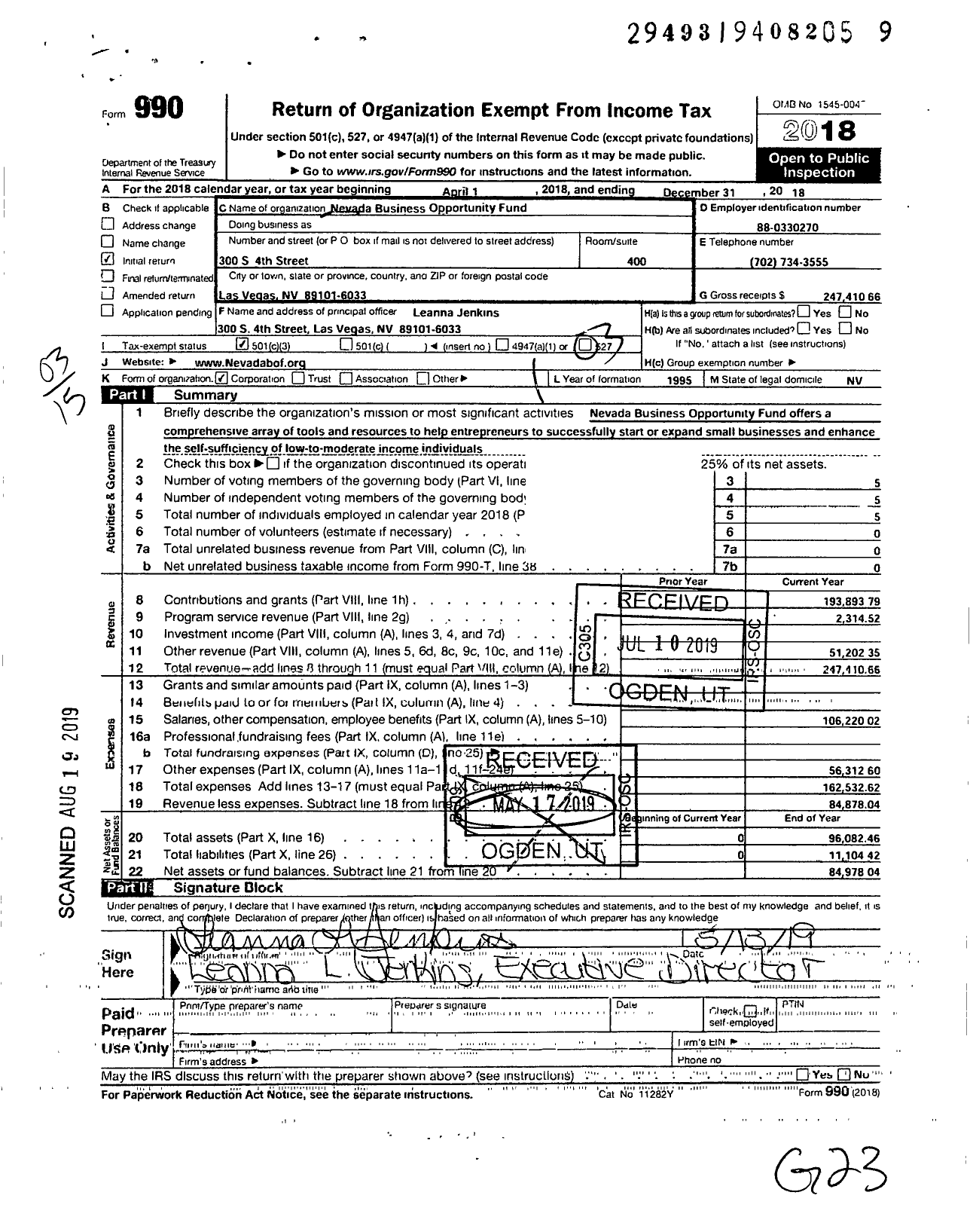 Image of first page of 2018 Form 990 for Nevada Business Opportunity Fund