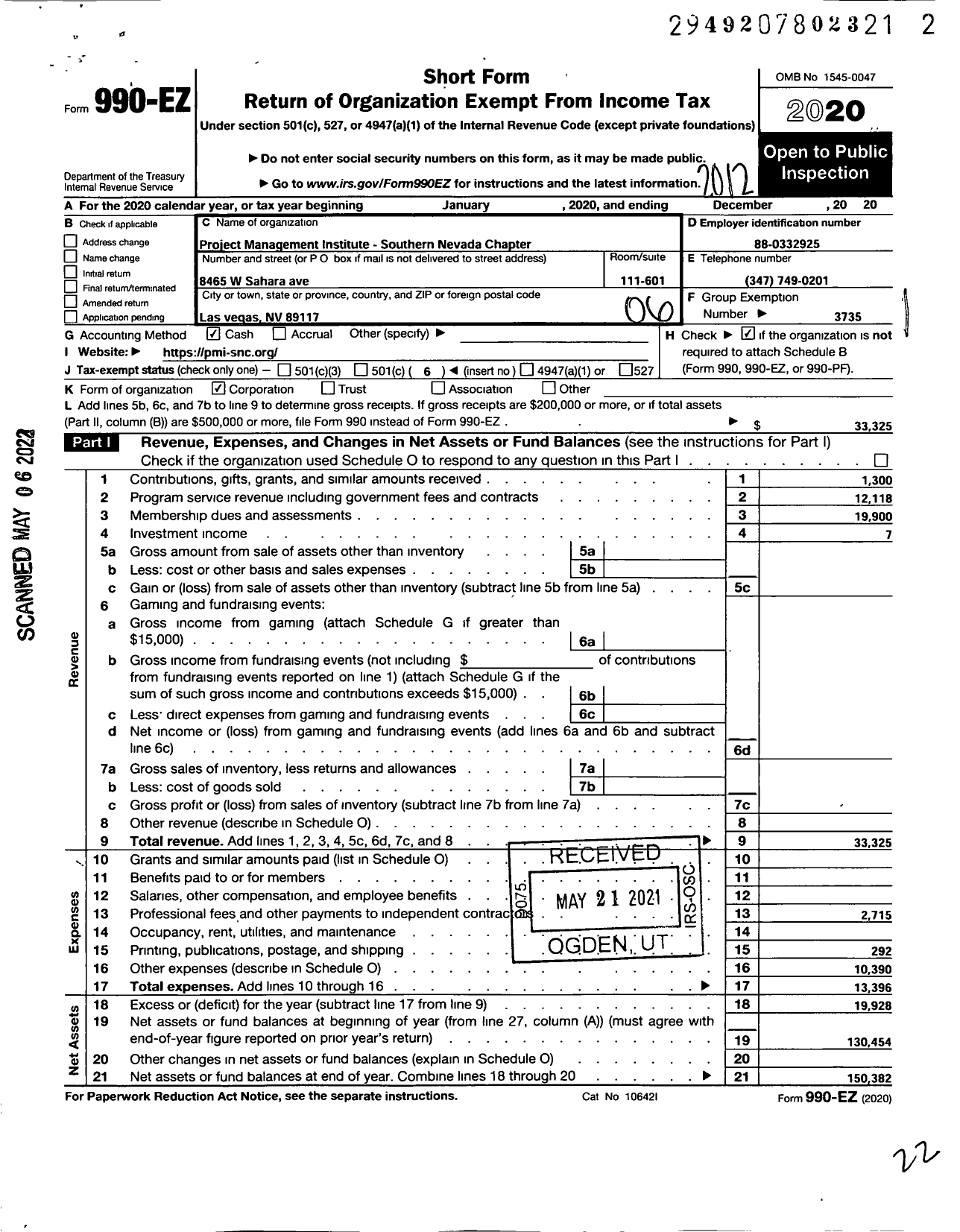 Image of first page of 2020 Form 990EO for Project Management Institute / Southern Nevada Chapter