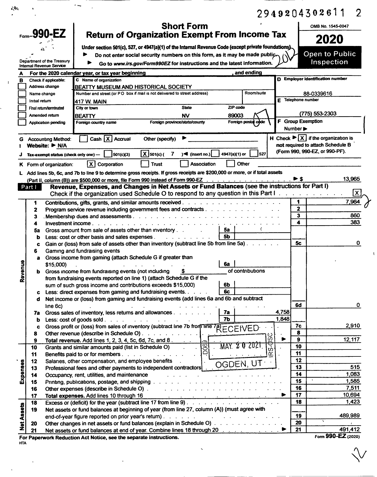 Image of first page of 2020 Form 990EO for Beatty Museum and Historical Society