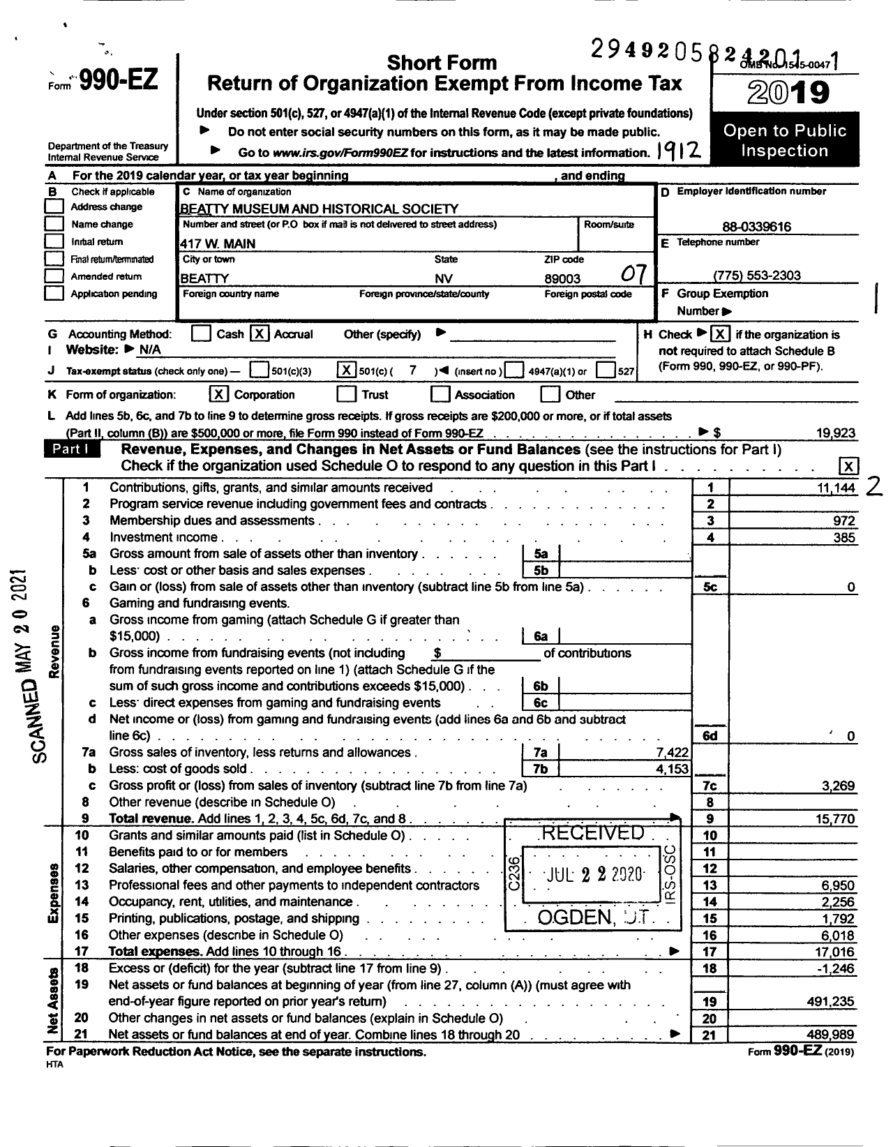 Image of first page of 2019 Form 990EO for Beatty Museum and Historical Society