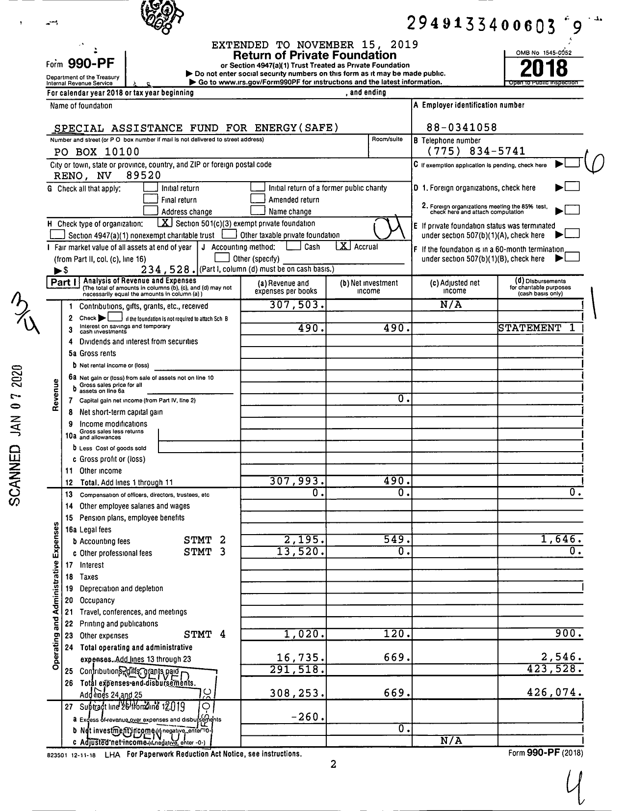 Image of first page of 2018 Form 990PF for Special Assistance Fund For Energy (SAFE)