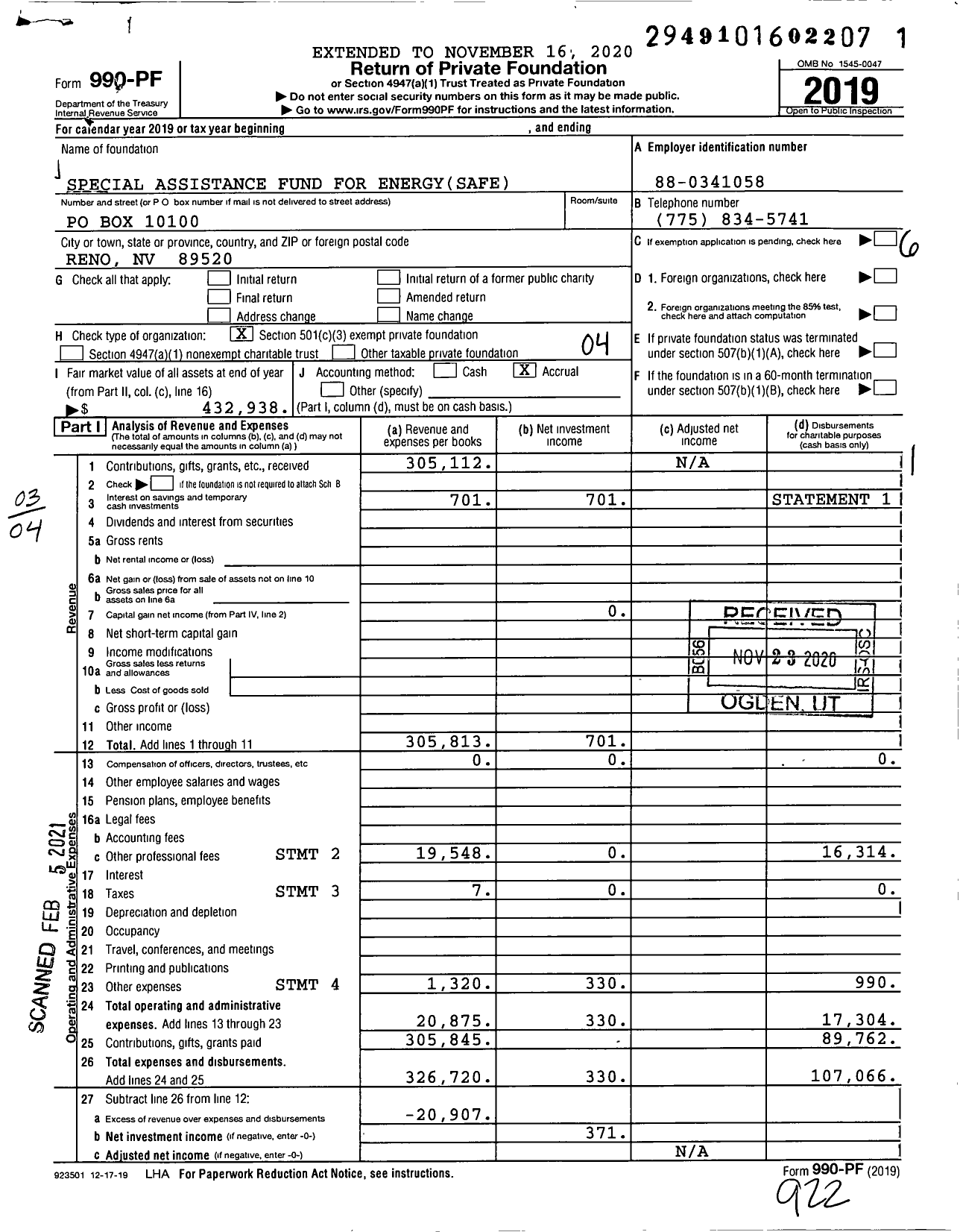 Image of first page of 2019 Form 990PF for Special Assistance Fund For Energy (SAFE)