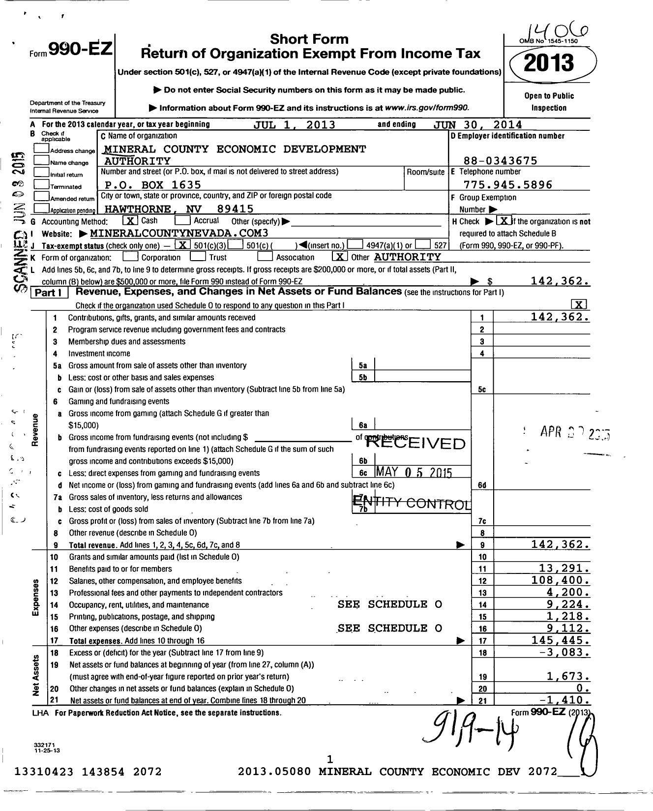 Image of first page of 2013 Form 990EZ for Mineral County Economic Development Authority