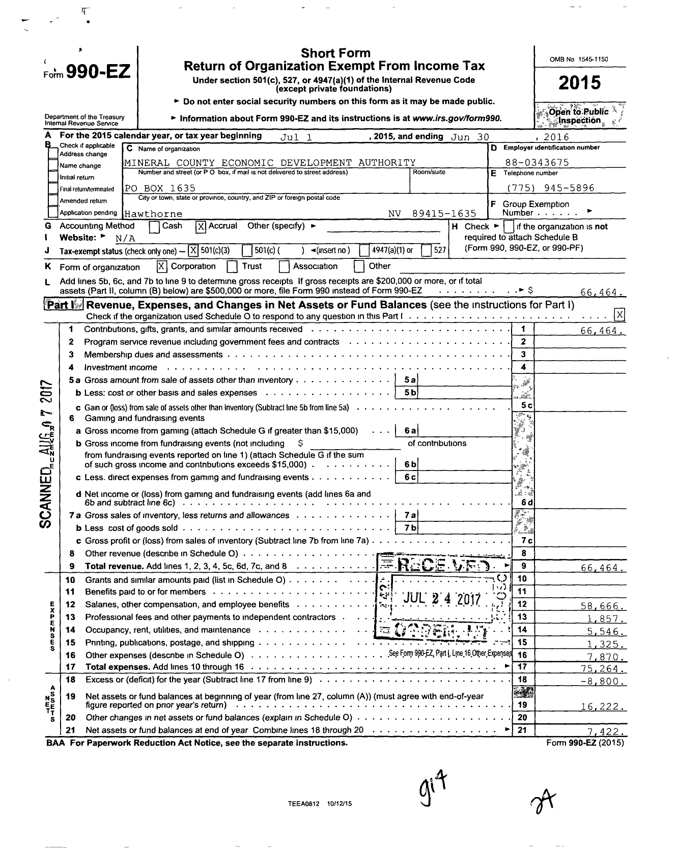 Image of first page of 2015 Form 990EZ for Mineral County Economic Development Authority