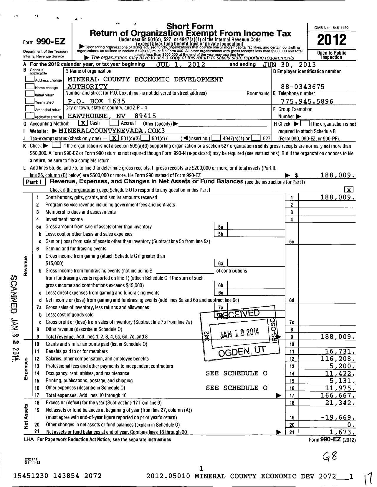 Image of first page of 2012 Form 990EZ for Mineral County Economic Development Authority