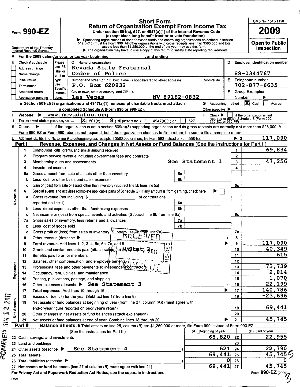 Image of first page of 2009 Form 990EO for Fraternal Order of Police - Nevada State Fop