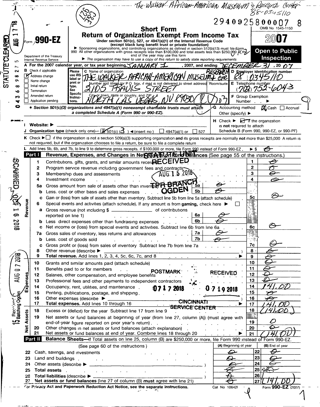 Image of first page of 2007 Form 990EZ for Walker African-American Museum and Research Center